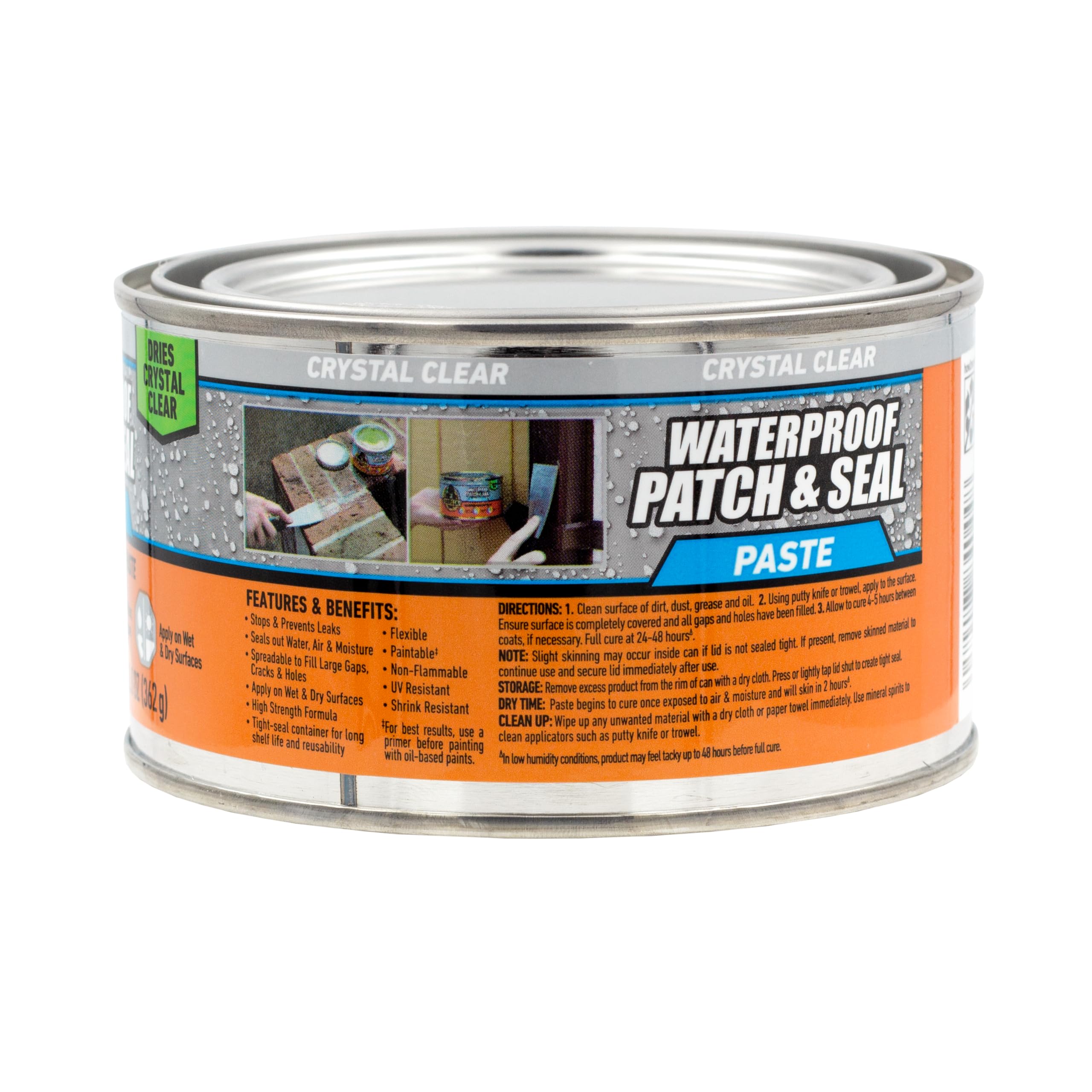 Gorilla Waterproof Patch & Seal Rubberized Sealant Paste, 12.8 Ounce Can, Clear (Pack of 1) - Stops Leaks, Flexible Gap & Crack Filler, Shrink & Mildew Resistant, Paintable