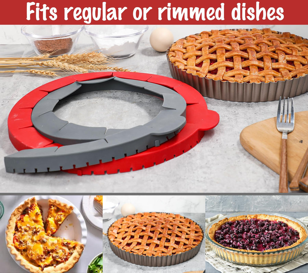 Webake Pie Crust Protector Shield Adjustable Pie Crust Shield Fits 11.5-9 Inch Pie Pan, European Food Grade Silicone Pinch Test Passed, Pack of 2, Red and Grey