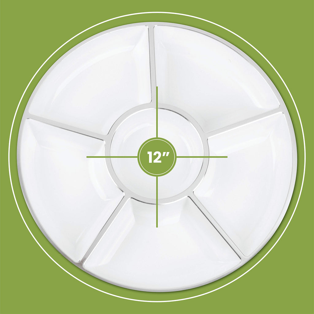 Plasticpro 6 Sectional Round Plastic Serving Tray/Platters White & Silver Pack of 2