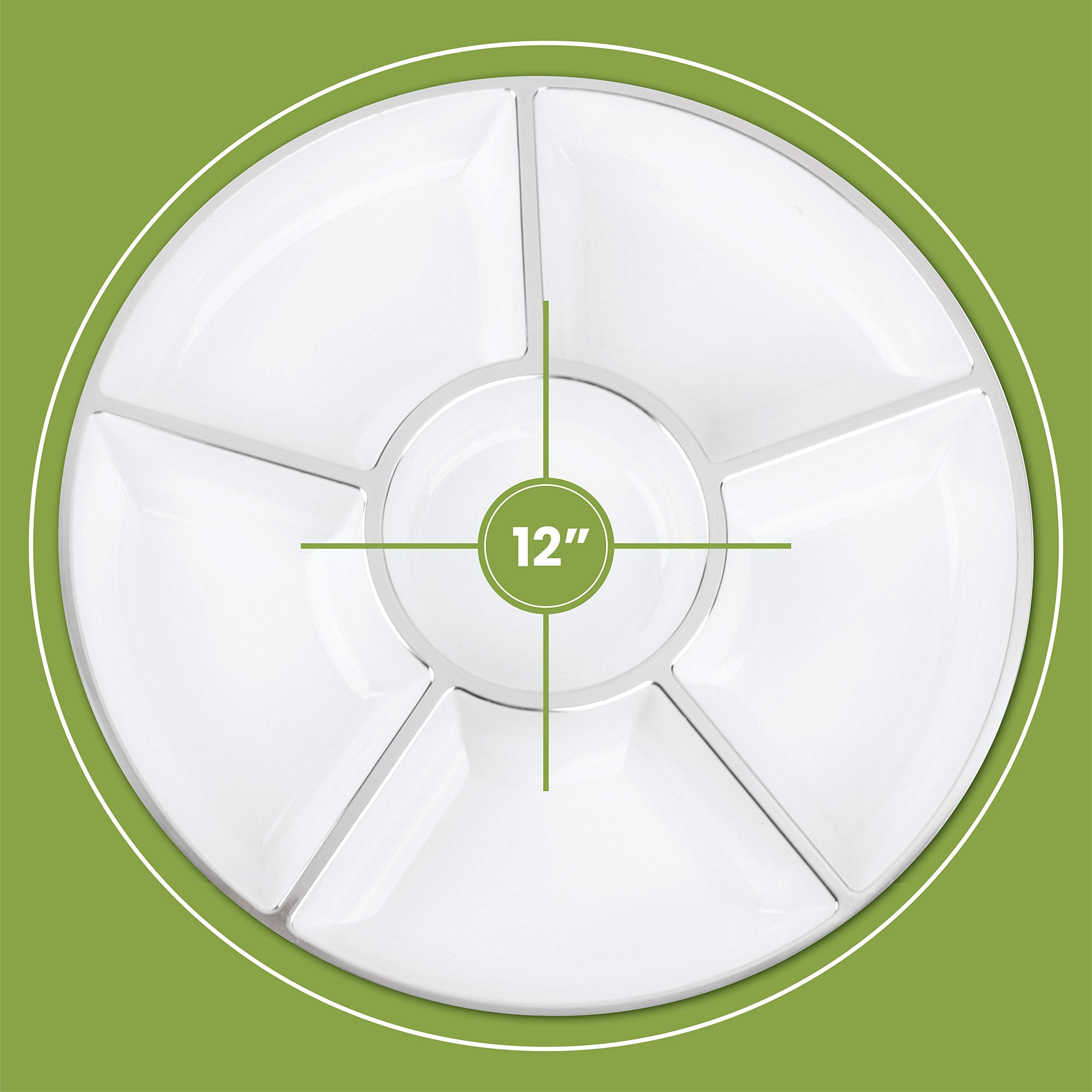 Plasticpro 6 Sectional Round Plastic Serving Tray/Platters White & Silver Pack of 2