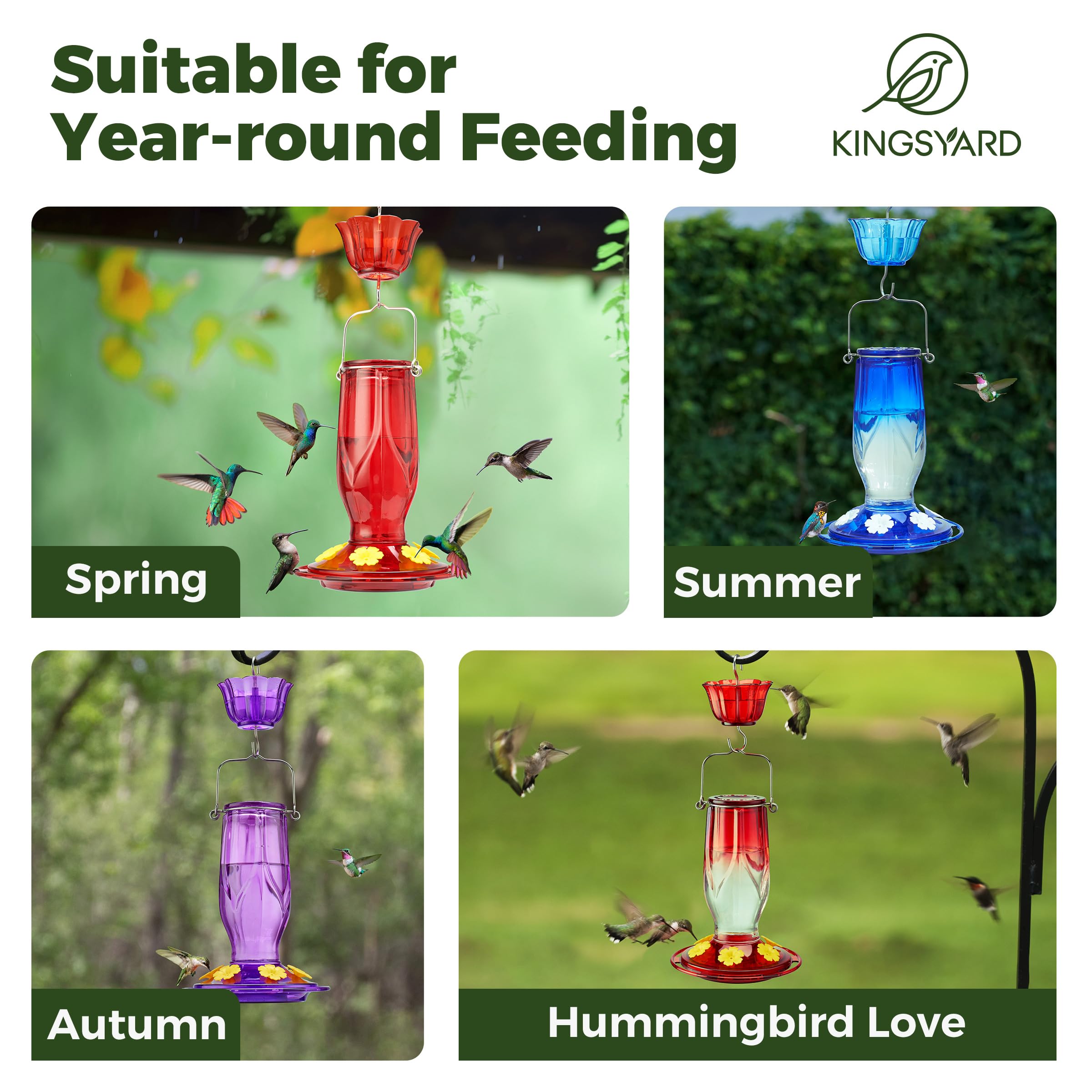Kingsyard Glass Hummingbird Feeder 6 Feeding Ports, Hanging Bird Nectar Feeder 16 Ounces, Rustproof, Leakproof, Garden Backyard Decor, Ant Moat Included, Deep Red