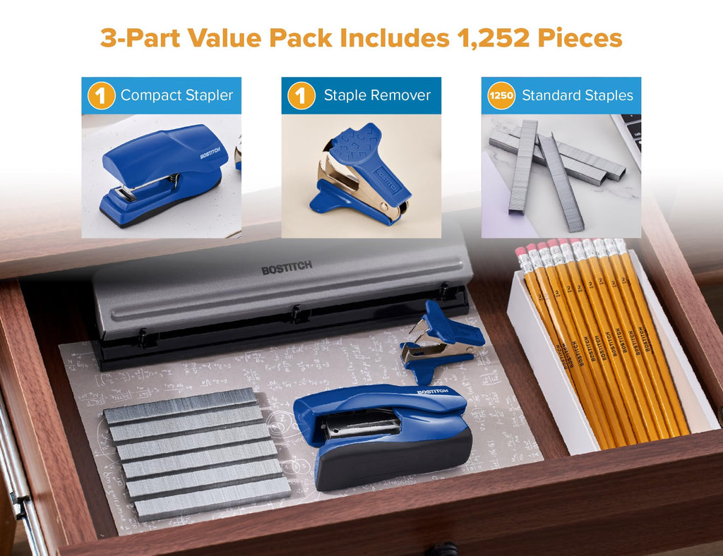 Bostitch Office Heavy Duty 40 Sheet Stapler with 1250 Staples & Claw Remover, Small Stapler Size, Fits into The Palm of Your Hand, Value Pack, Blue (B175-BLUE-VP)
