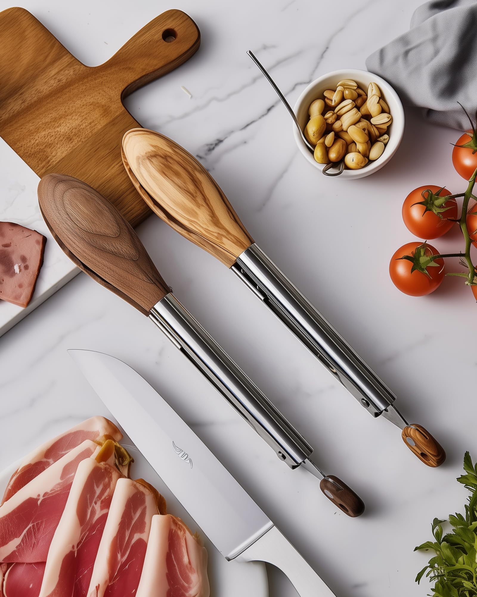 Wooden Tongs for Cooking 12 Inch - Natural Walnut Wood Salad Tongs for Serving, Non-Toxic BPA Free Kitchen Tongs, Heat Resistant Nonstick Safe Cooking Tongs with Stainless Steel