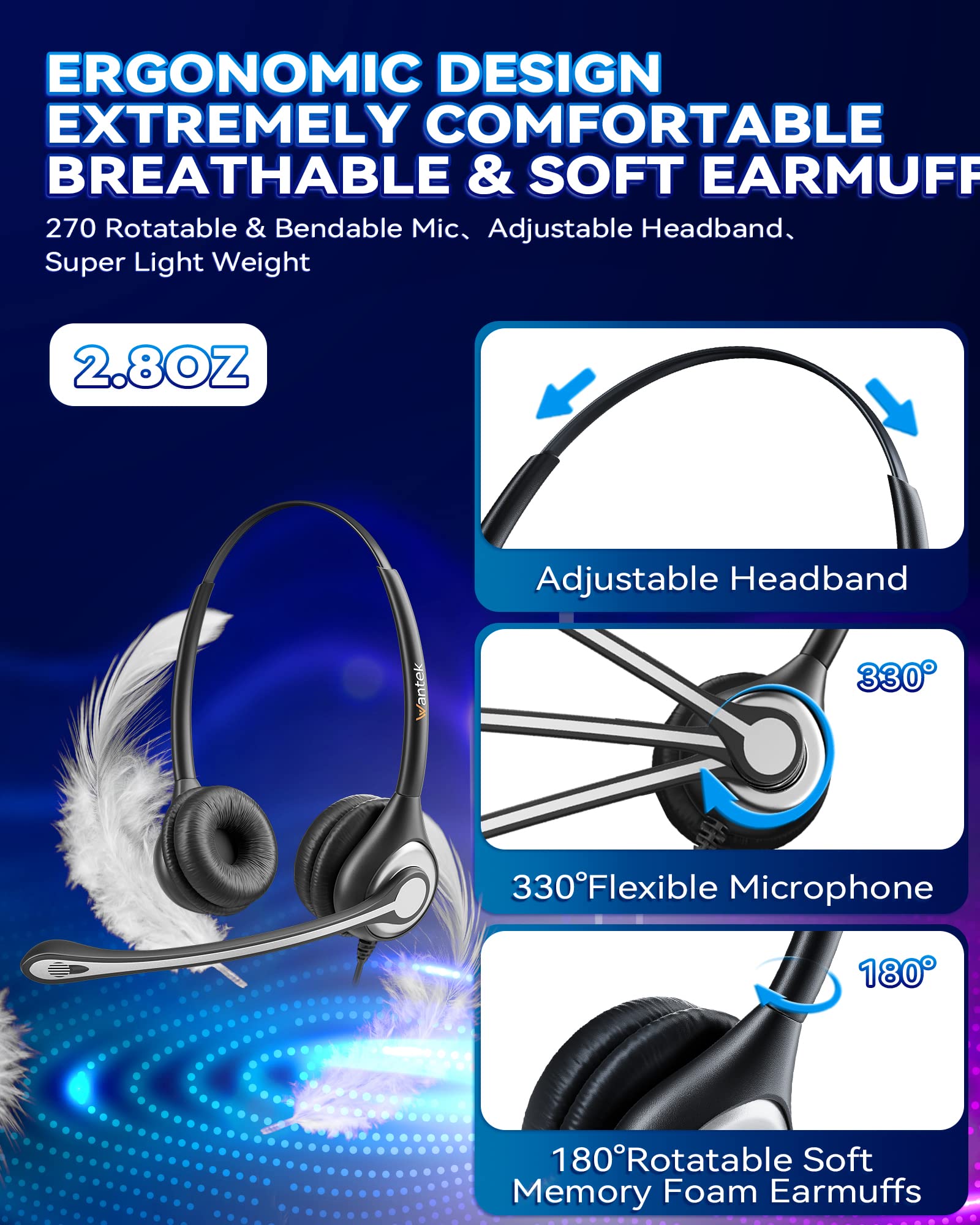 Wantek Wired Phone Headset with Microphone Noise Cancelling, RJ9 Telephone Headsets Compatible with Yealink T19P T20P T41P T29G T40G T42S T46S T48S T54W T57W Avaya J139 1608 9608G Grandstream Snom