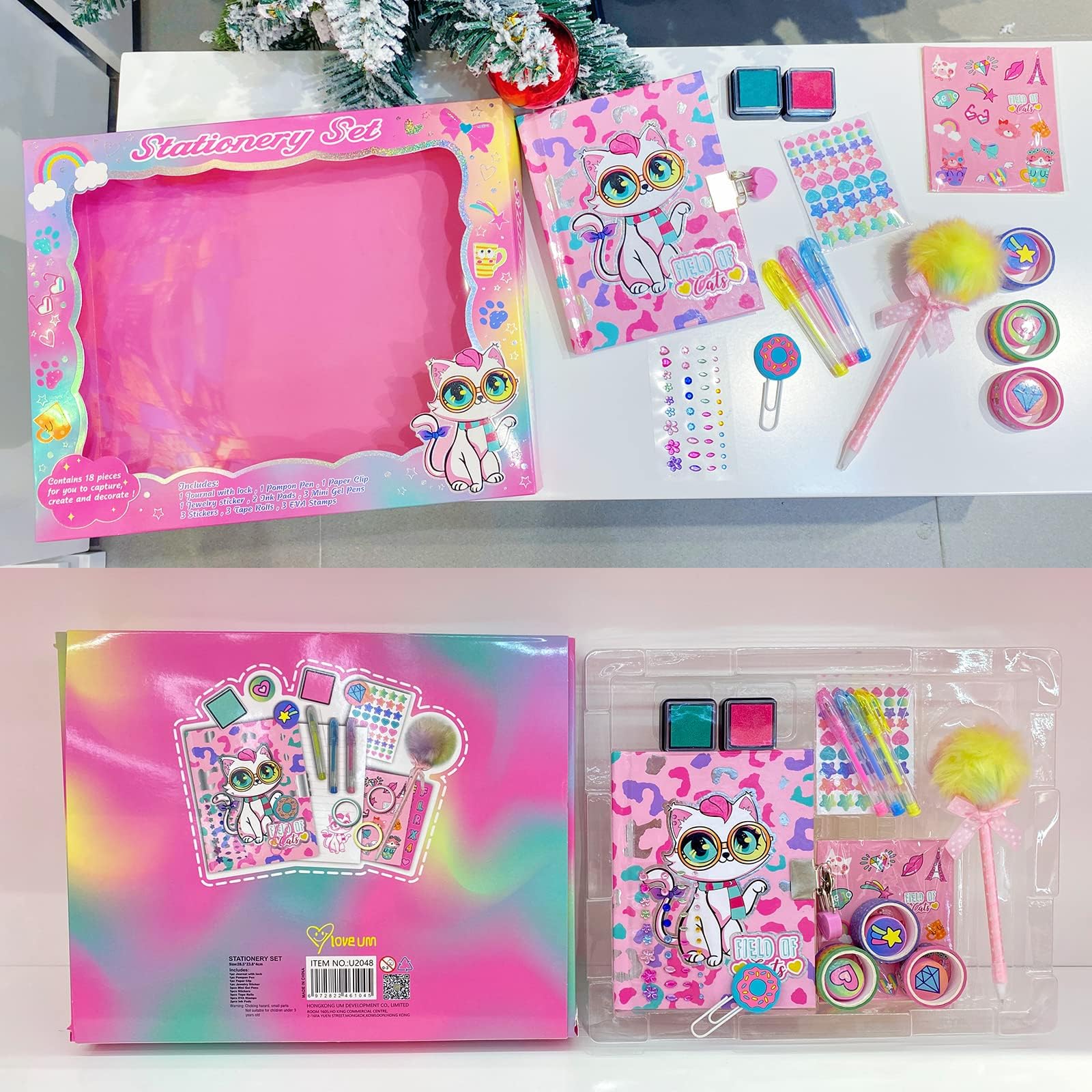 Cat Diary for Girls with Lock, Cat Stationery Set with Secret Diary, Stamps, Pens, Cat Journal Notebook Birthday Gifts for Little Girls Age 5 6 7 8 9 10-12