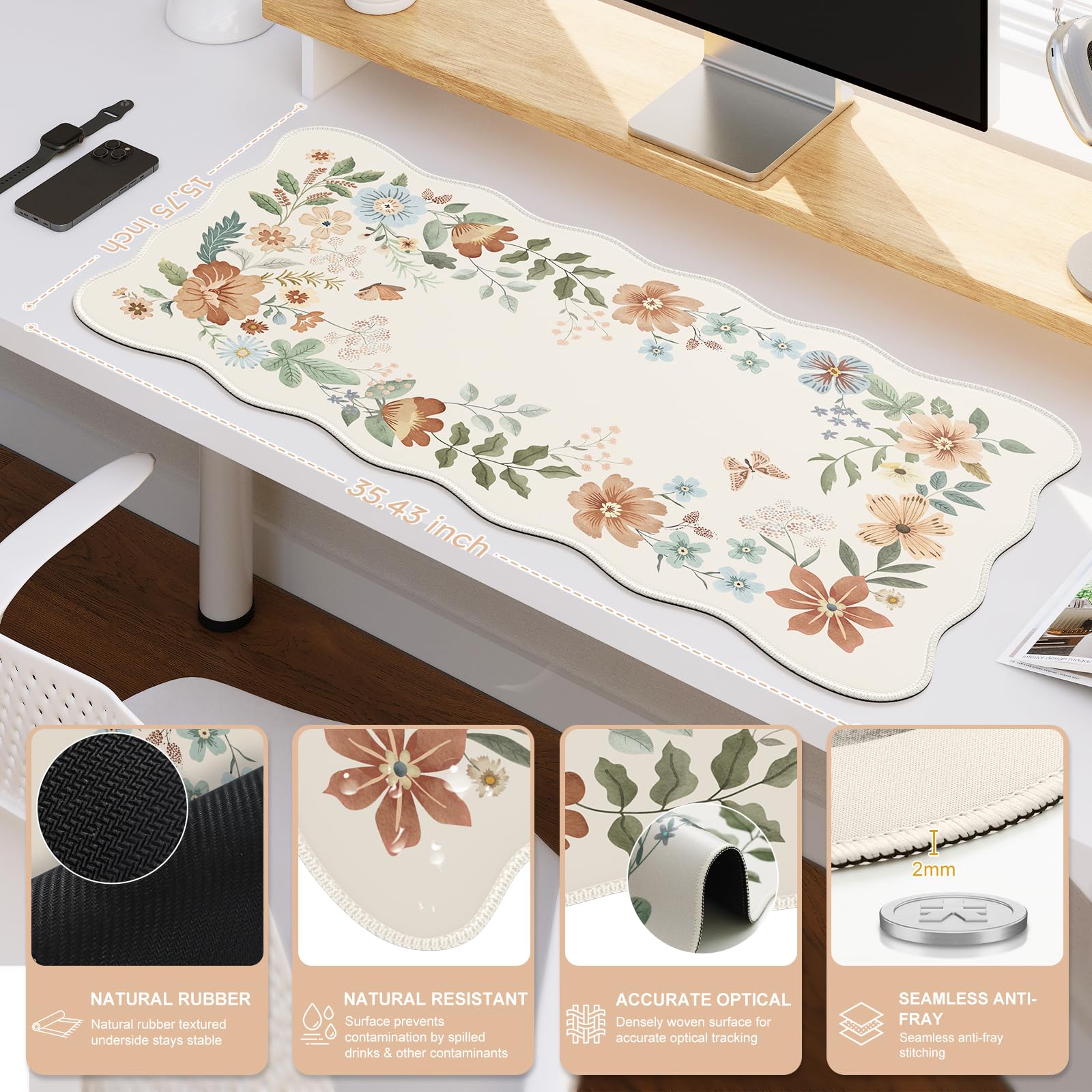 iCasso Desk Mat, XXL Large Mouse Pad for Desktop, Cute Pad With Stitched Edges, Anti-Slip Big Mousepad, Keyboard Mat for Computer (Beige)