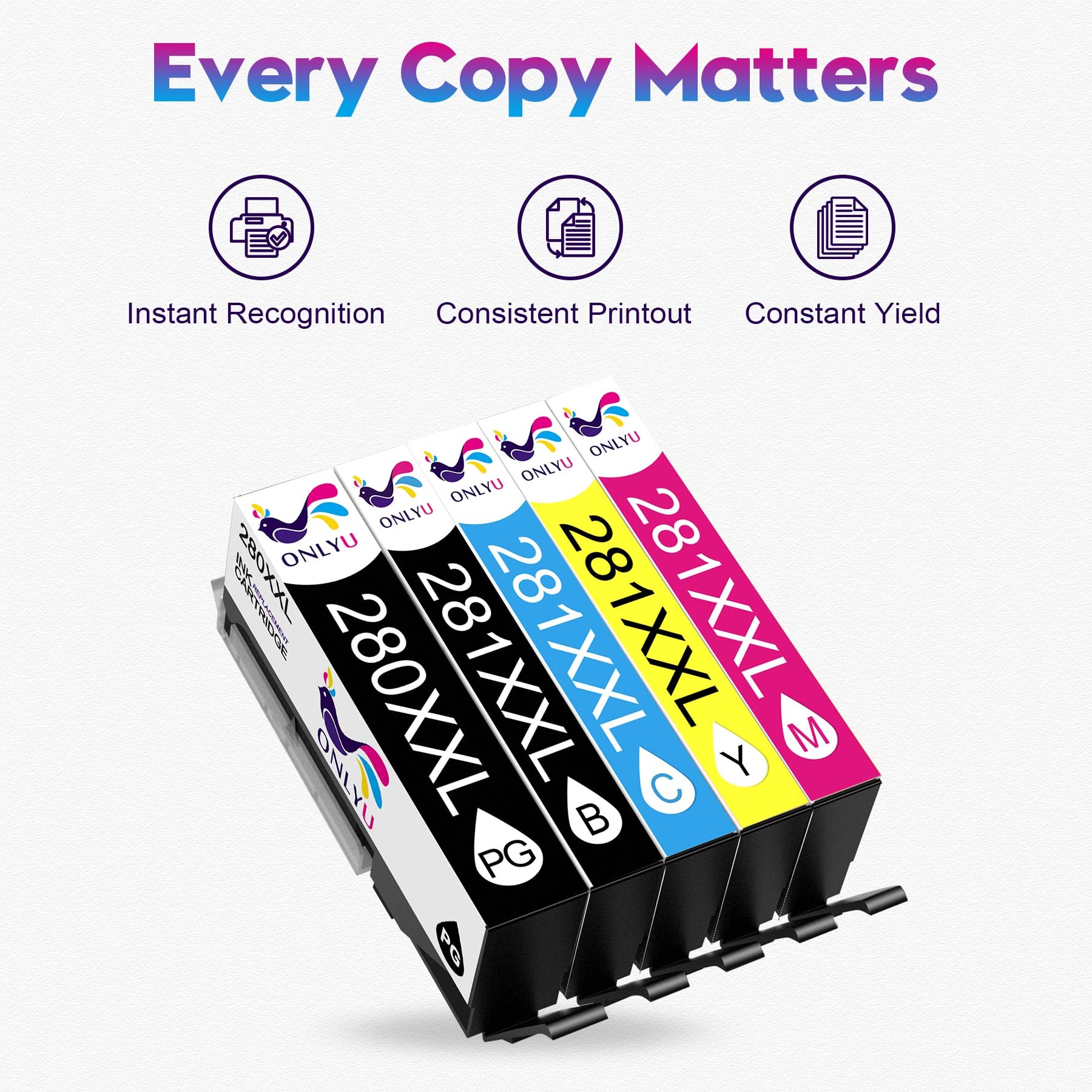 ONLYU 280XXL 281XXL Compatible for Canon Ink 280 and 281 Cartridges PGI-280XXL CLI-281XXL for Canon TR8520 Ink Cartridges for Pixma TR8620 TR8620a TS7620 TR7520 TS6120 TS6220 TS8220 TS9520 (5 Packs)