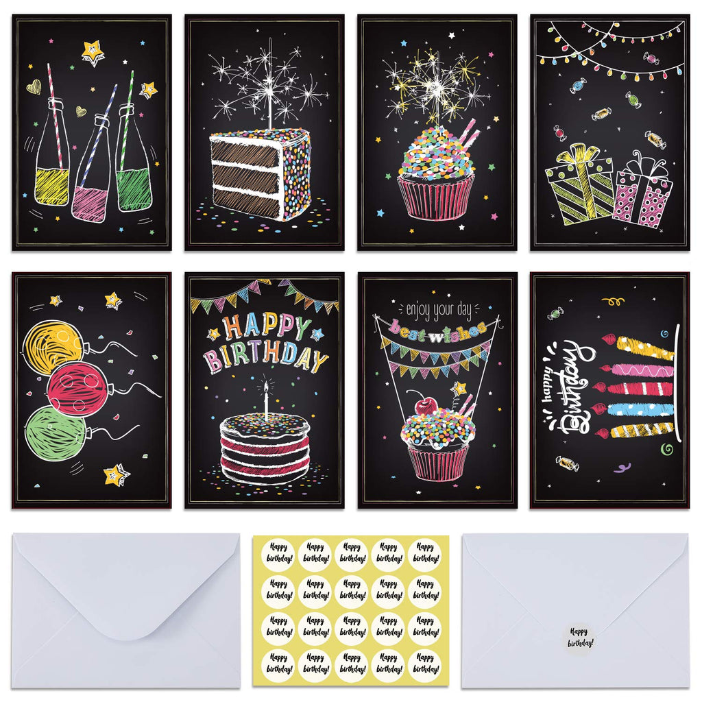 Ohuhu Assorted Happy Birthday Cards, 48 Pack Black Folded Cards for Kids’ Birthdays, Blank Inside Greeting Note Cards w/White Envelopes and Stickers, 4x6 inch, Birthday Party Invitation DIY Cardstock