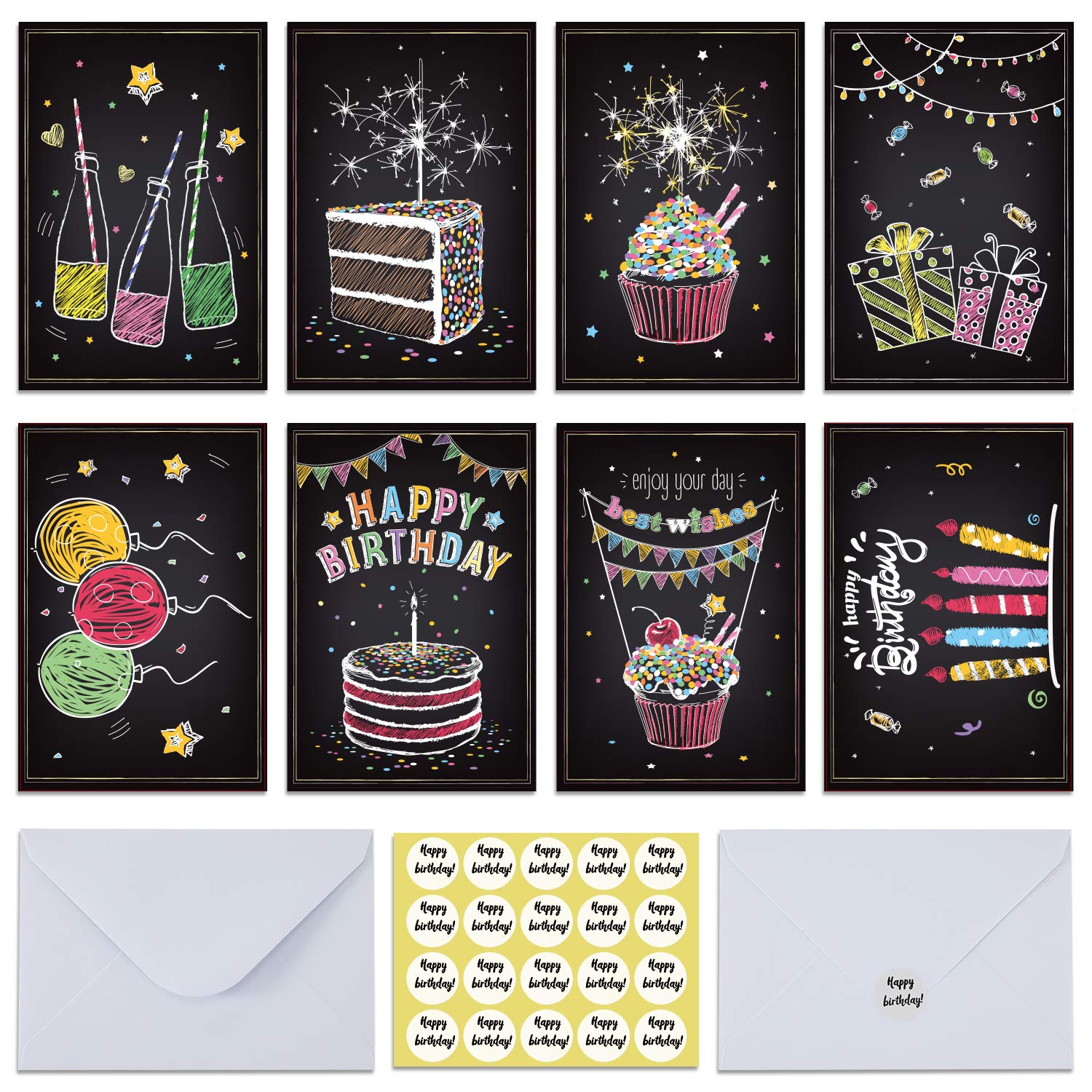 Ohuhu Assorted Happy Birthday Cards, 48 Pack Black Folded Cards for Kids’ Birthdays, Blank Inside Greeting Note Cards w/White Envelopes and Stickers, 4x6 inch, Birthday Party Invitation DIY Cardstock