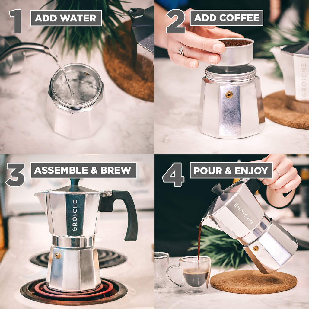 GROSCHE Milano Stovetop Espresso Maker Moka Pot 3 Espresso Cup - 5oz, Silver- Cuban Coffee Maker Stove top Coffee Maker Moka Italian Espresso greca Coffee Maker Brewer Percolator