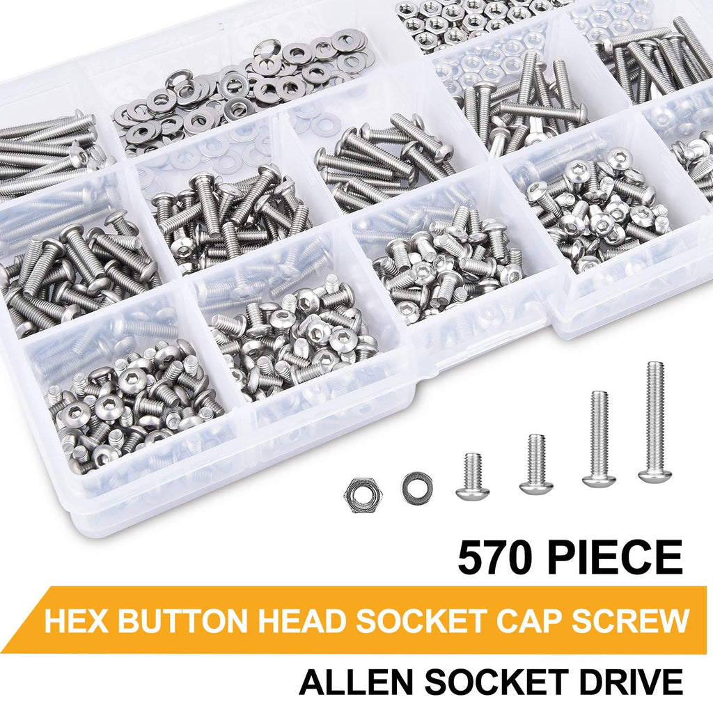 VIGRUE 570PCS Stainless Steel M3 Button Head Hex Socket Cap Screw Bolts, M3 x 4/5/6/8/10/12/14/16/18/20/25mm Screw and Nuts Flat Washer Assortment Kit, Fully Machine Thread
