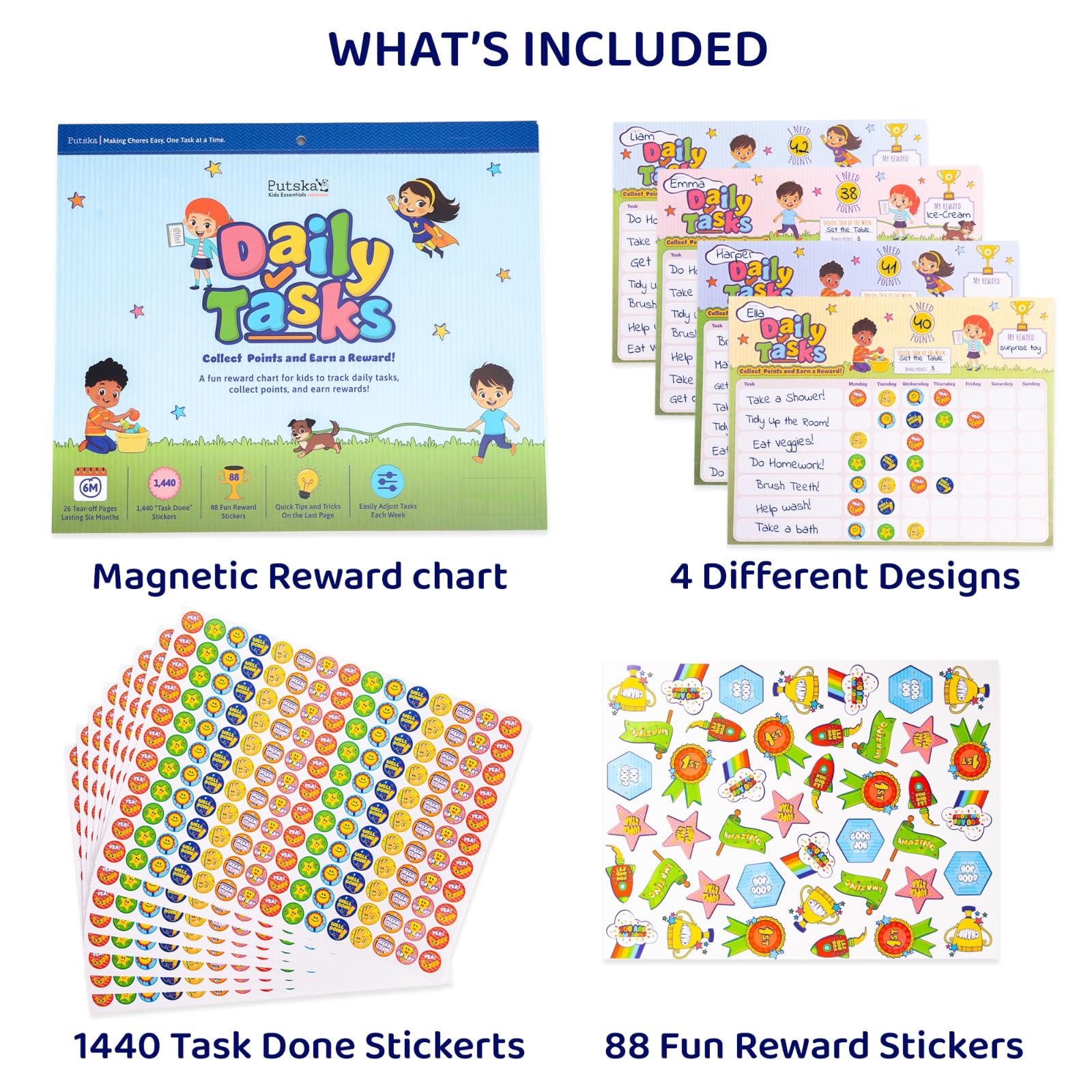 PUTSKA Behavior Reward Chart for Kids – Includes 26 Chore Charts & 1528 Stickers – Magnetic Chore Chart for Multiple Kids at Home to Build Responsibility & Positive Habits (Reward Chart)