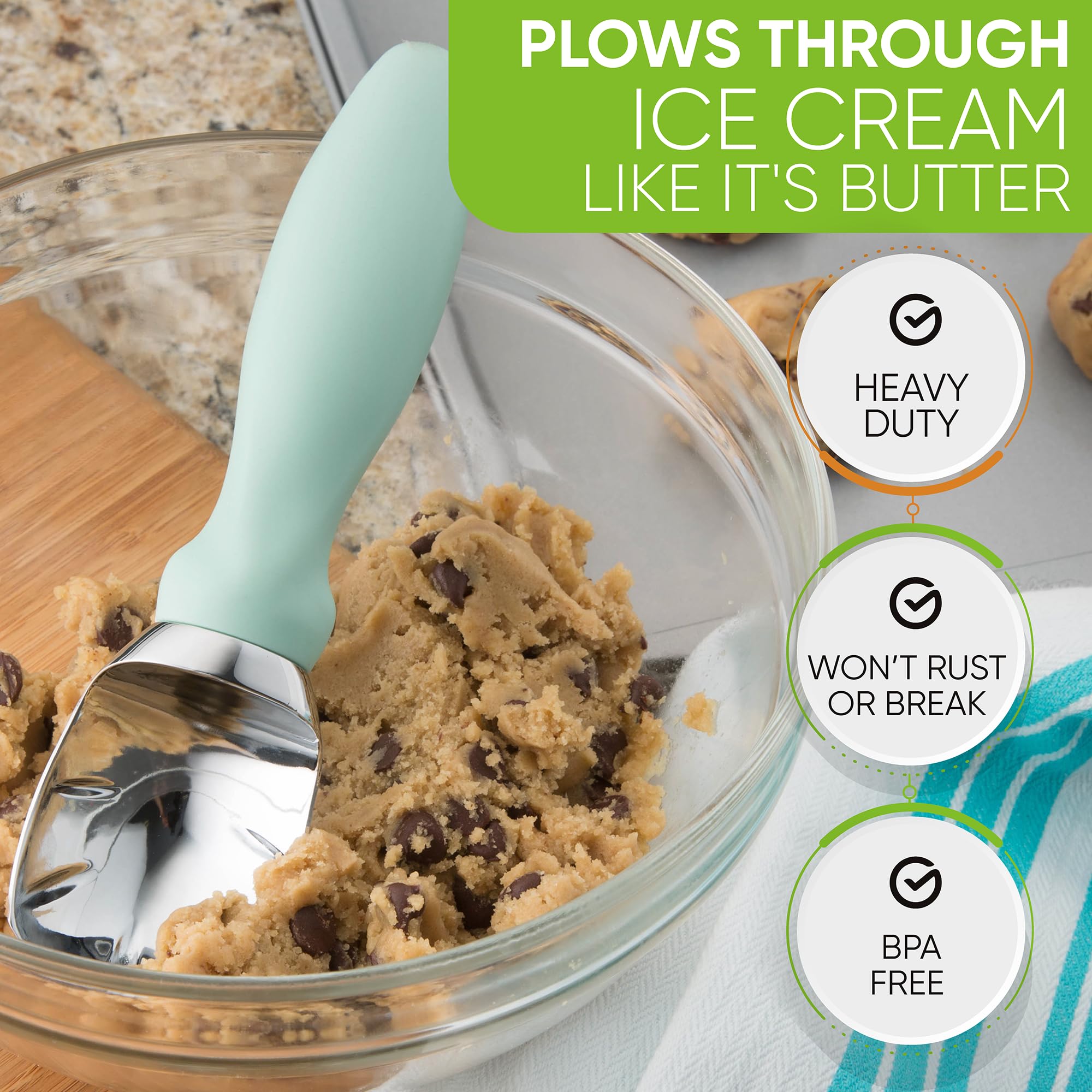 Spring Chef Ice Cream Scoop with Comfortable Handle, Professional Heavy Duty Sturdy Scooper, Premium Kitchen Tool for Cookie Dough, Gelato, Sorbet, Mint