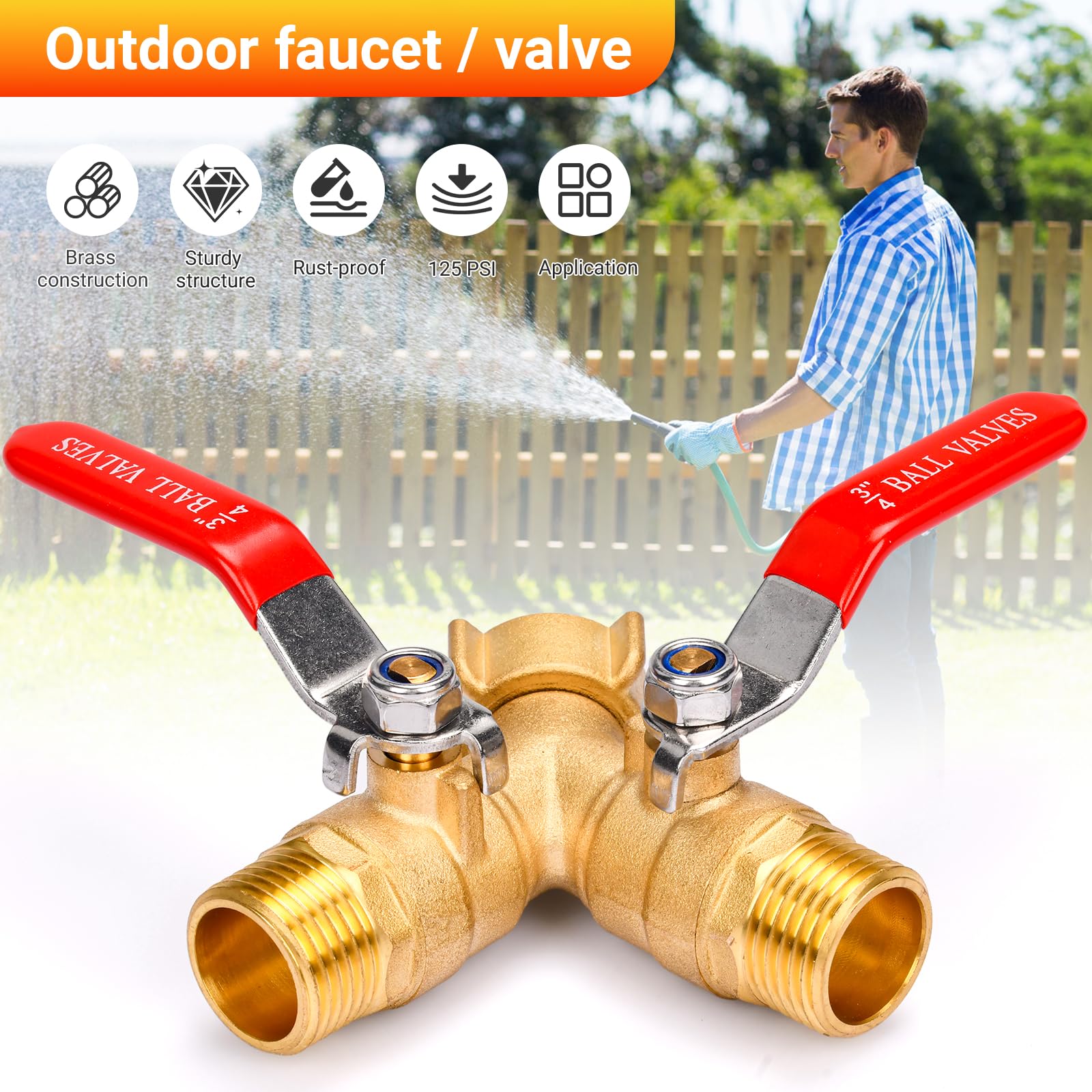 XIBETEO Heavy Duty Brass Garden Hose Splitter 2 Way with Stainless Steel Long Handle 3/4" GHT Thread Hose Y Valve Garden Hose Connector with Seal Tape and Washers
