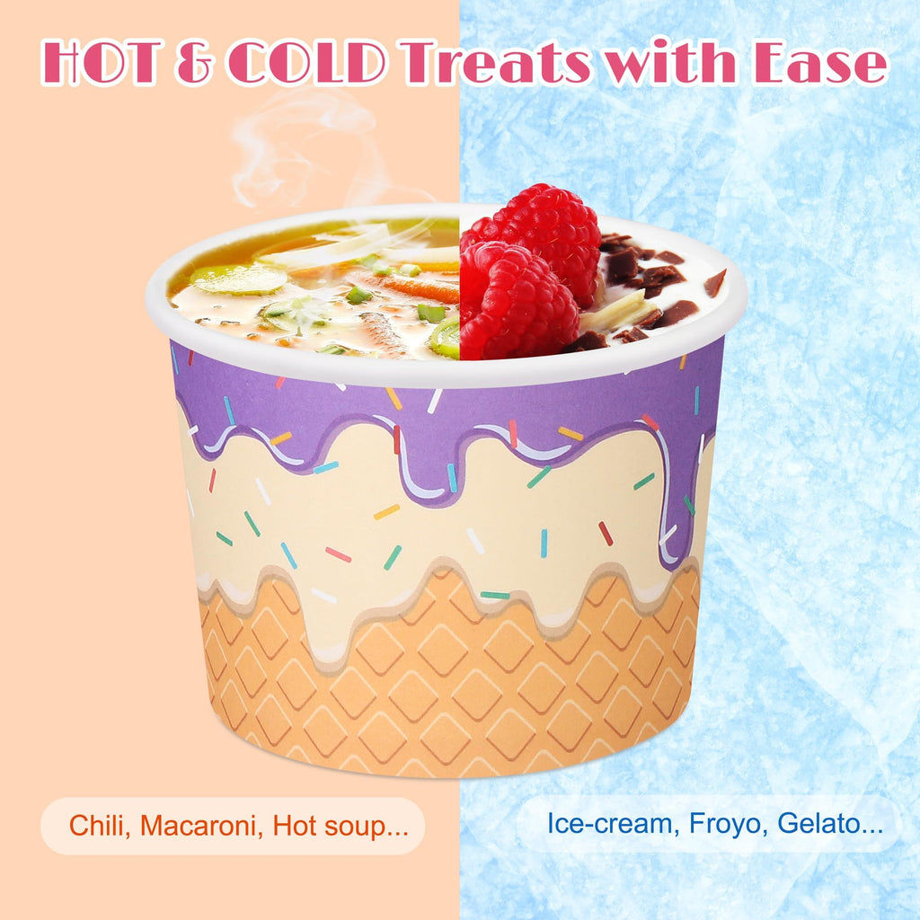Kochorie 120 Pieces Paper Ice Cream Cups 8 Ounces Disposable Dessert Bowls Ice Cream Containers Sundae Bowls Party Supplies Treat Cups for Hot and Cold Sundae Soup Frozen Yogurt, 6 Designs