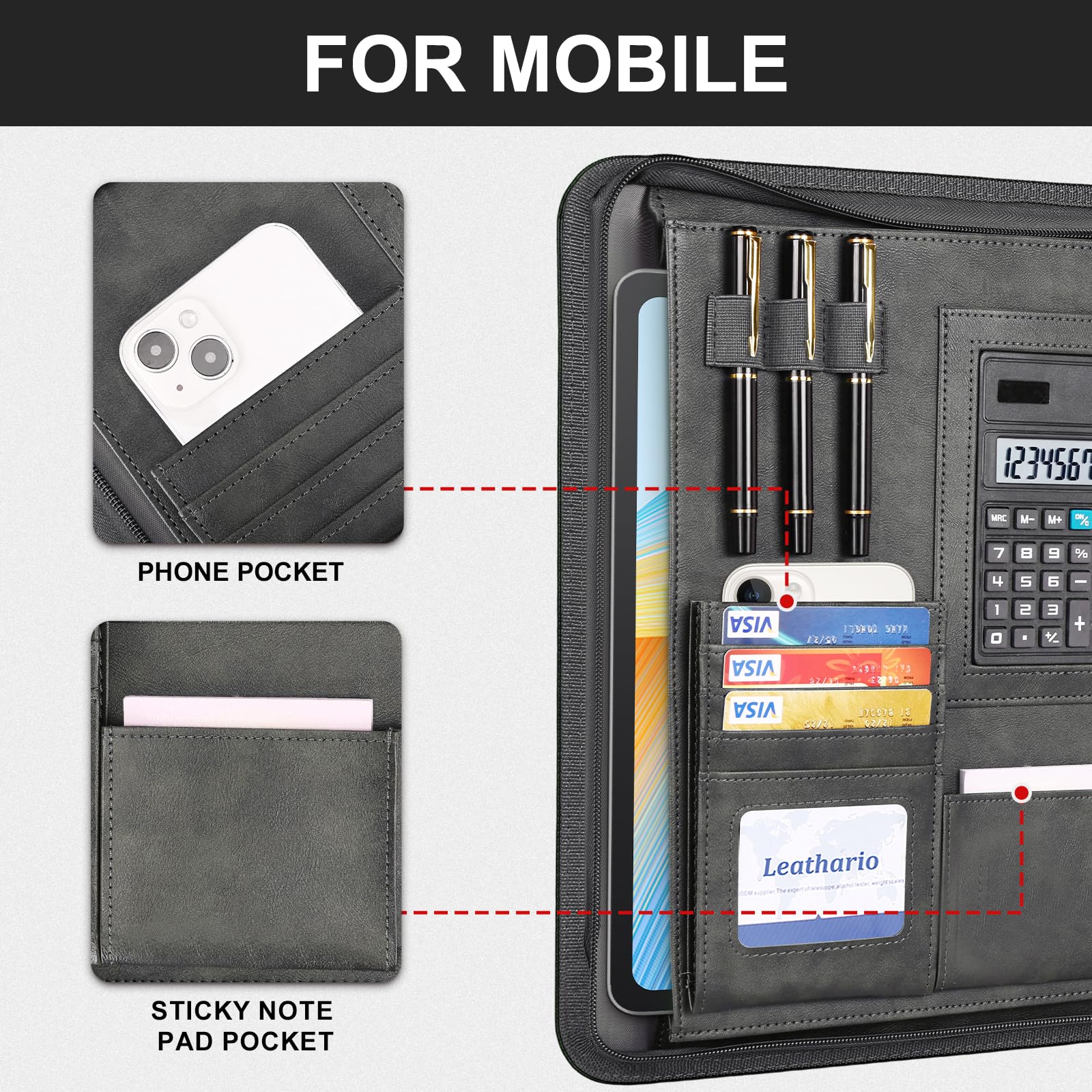Leathario Portfolio, Vegan Leather 3-Ring Zipper Binder, Includes 10 Clear Sheet Protectors and a Pen, Multi-Pocket A4 Padfolio Folder for Tablets, Files and Business Documents, Office Supplies