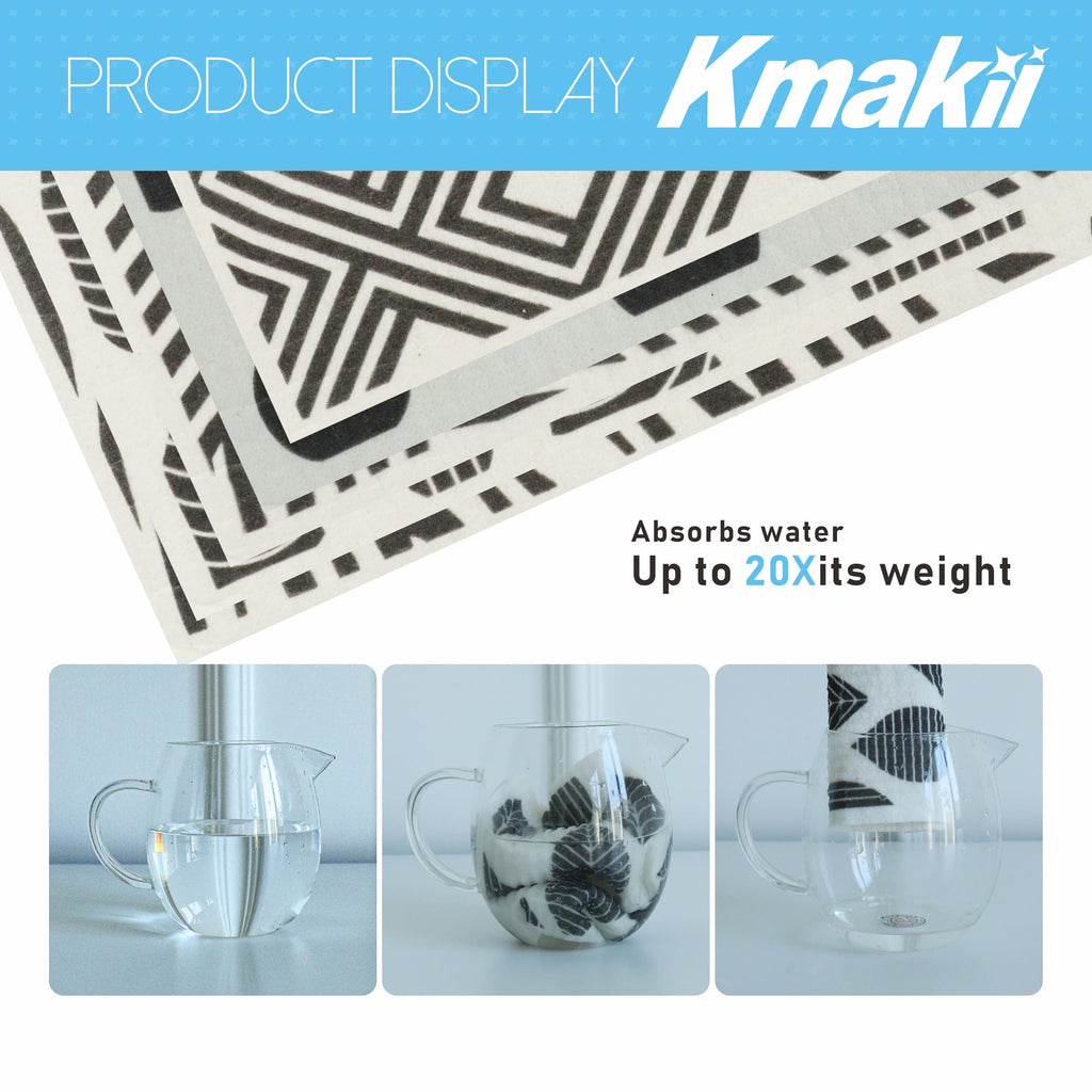 KMAKII 10 Pack Swedish Dishcloths - Black & White - Cellulose Sponge Cloths Reusable Cleaning Cloths Absorbent Dish Cloth Quick Drying for Kitchen and Cleaning Counters