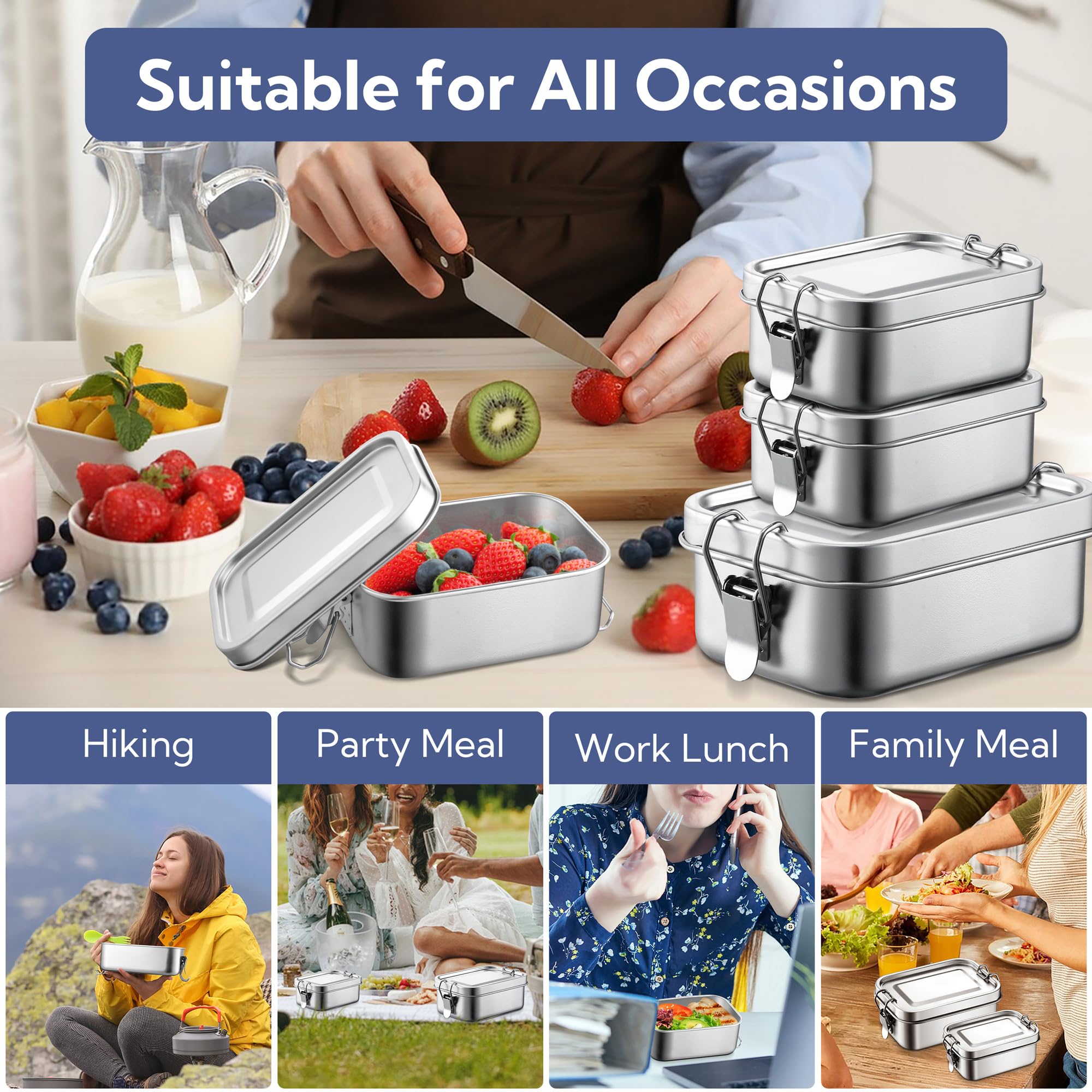 E-far 4 Pieces Stainless Steel Bento Box, Mini 550ml Metal Lunch Box, 18.6oz Leak-Proof Food Snack Container with Lids, Reusable Meal Storage for Camping Picnic Travel Work