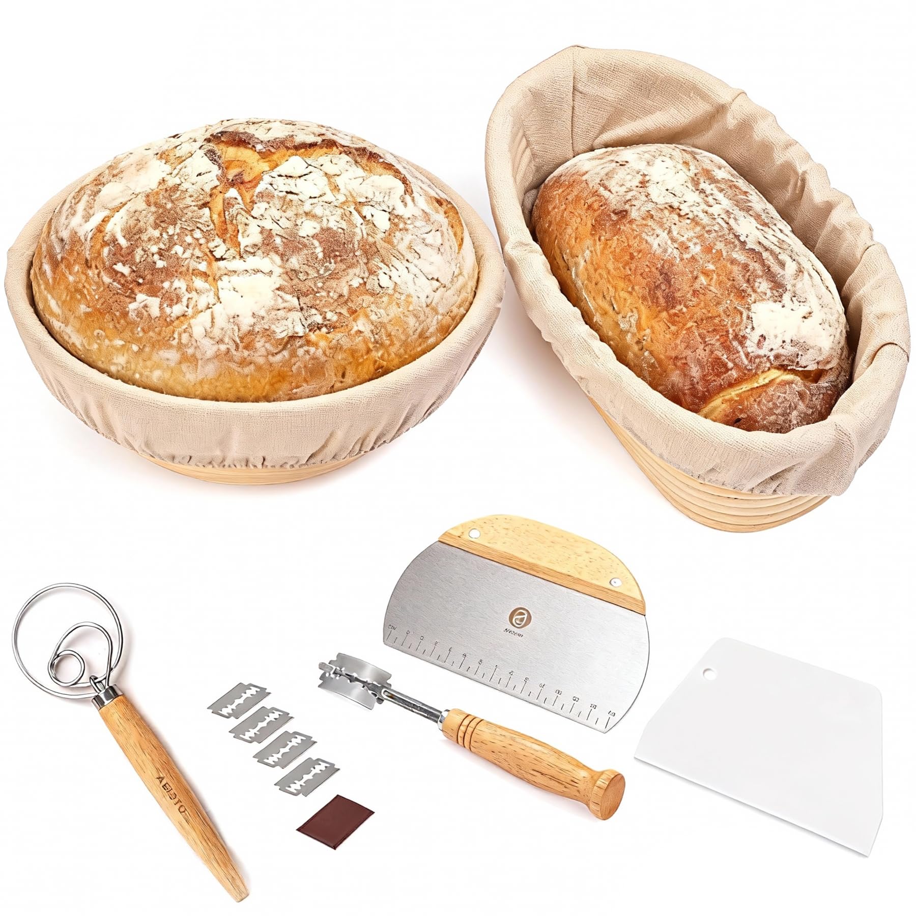 Bread Proofing Basket Set, 9" Round and 10" Oval Banneton Proofing Basket with Linen Liner Cloth, Danish Dough Whisk, Bread Scoring Lame,Stainless Steel Dough Scraper (9 inch Round & 10 inch Oval Set)