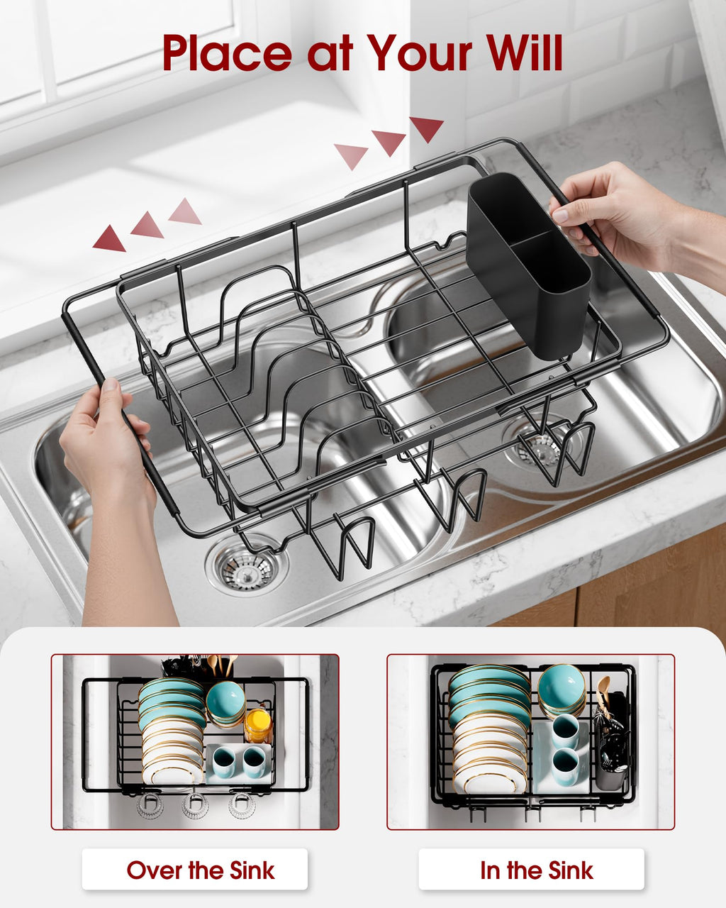 Sakugi Dish Drying Rack in Sink - Expandable Stainless Steel Dish Rack Over The Sink, Kitchen Sink Drain Strainer with Cutlery Holder & Cup Holders, 15.4 x 9.8 x 3.0 Inch, Black
