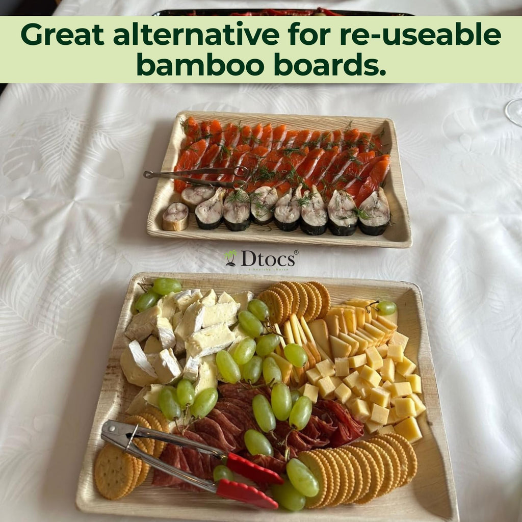 Dtocs Disposable Charcuterie Boards 14x10 Inch (10 Pcs) | Wooden Serving Tray Look Palm Leaf Platters for Food Appetizers, Parties, Catering | Microwavable Serving Platters Alt to Paper, Bamboo
