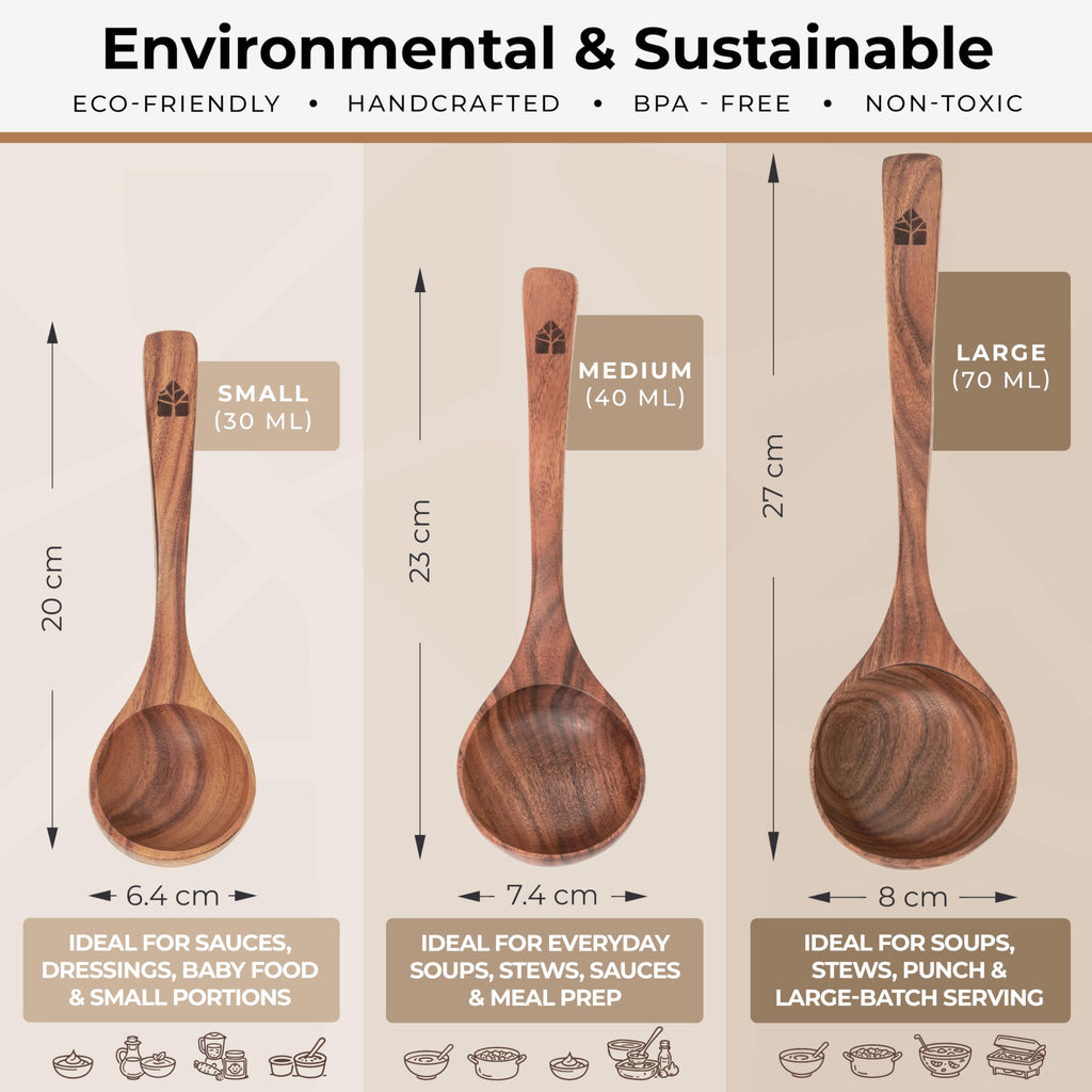 Wooden Ladle Spoon Set, 3 Size Teak Wood Kitchen Serving Spoon with Back Hooks for Pot & Bowl, Non-Stick Wooden Spoon Set for Cooking, Serving and Stirring