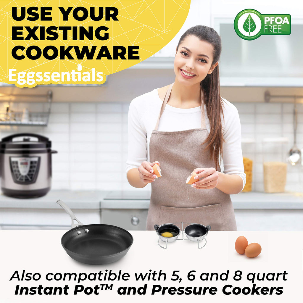 Eggssentials Egg Poacher | Stainless Steel Poaching Rack | 2 Poached Egg Maker Cups PFOA Free Nonstick | 6.25 inches Egg Steamer Rack Fits Many sized Pans Skillets and Pressure Cookers …