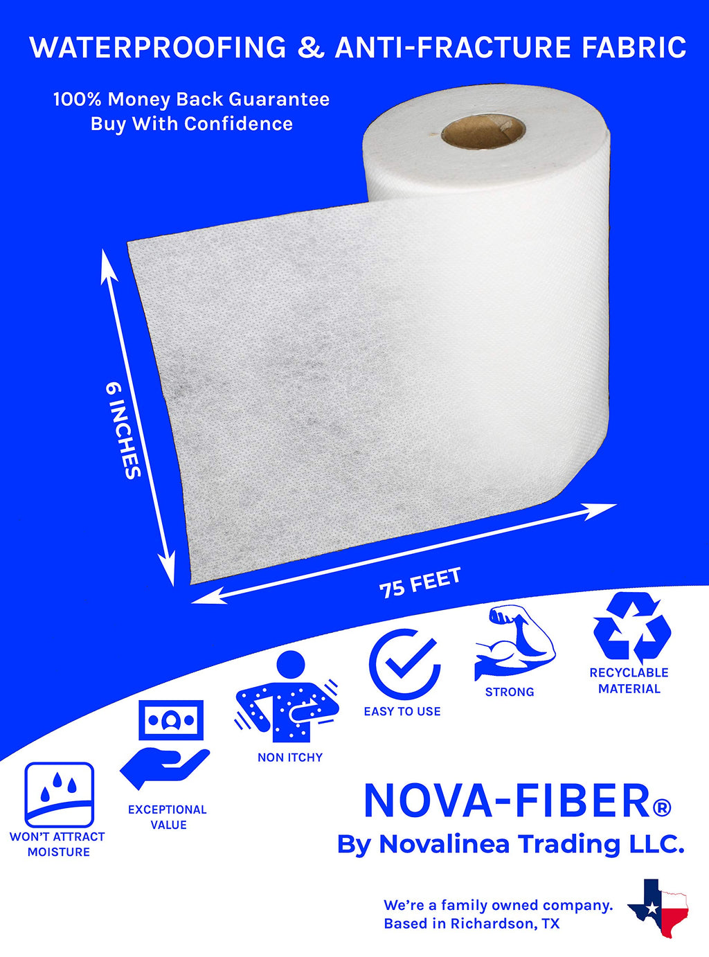 Nova-Fiber 6" x 75' Roll - Reinforcing and Anti-Fracture Mesh Tape for Liquid Waterproofing Membranes in Bathrooms, Showers, Walls, Floors, and Tiles