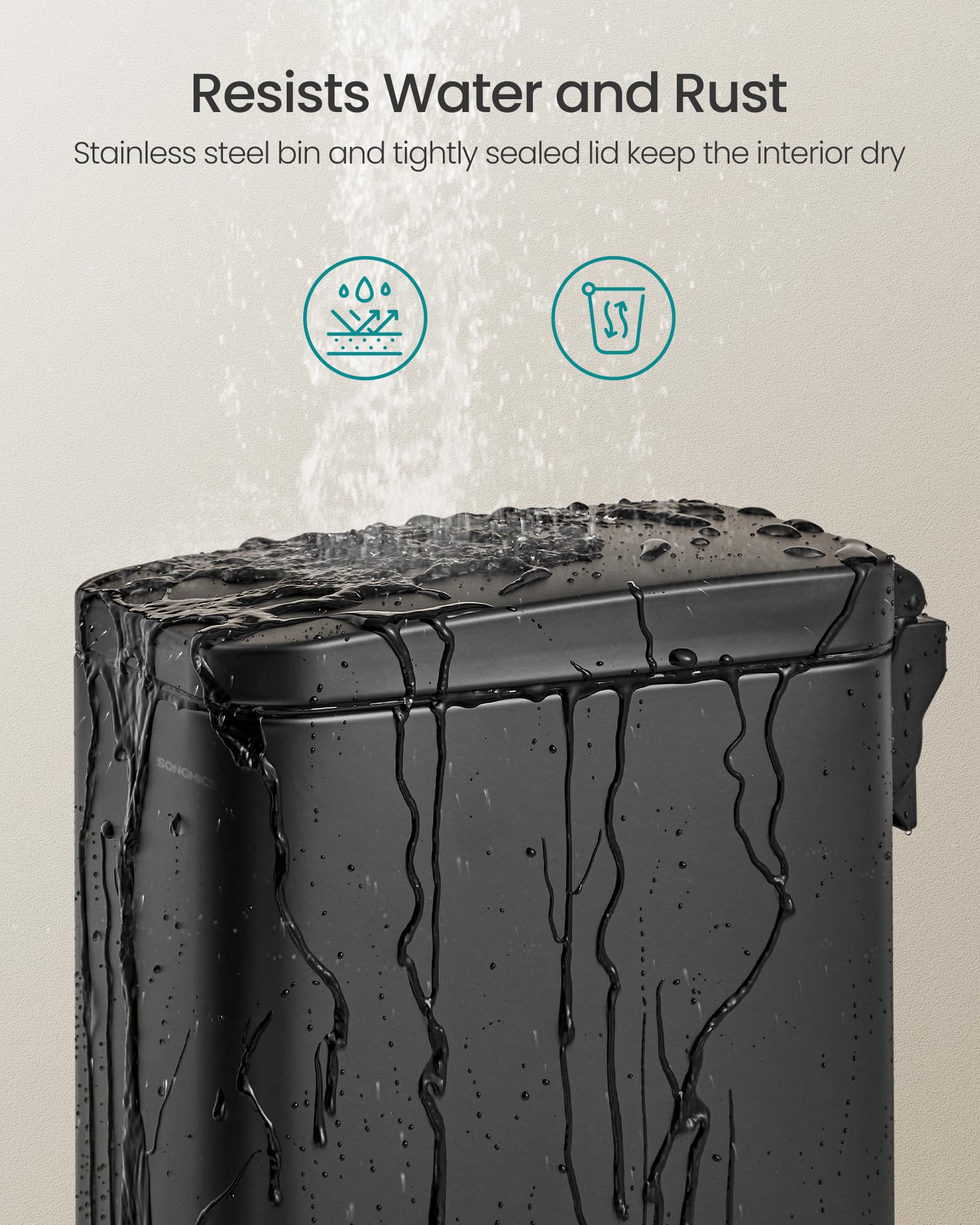 SONGMICS Bathroom Trash Can, Small Trash Bin with Lid, Slim for Small Spaces, Stainless Steel Garbage Can, Soft Close, 1.3 Gallon (5 L) Black ULTB560B05