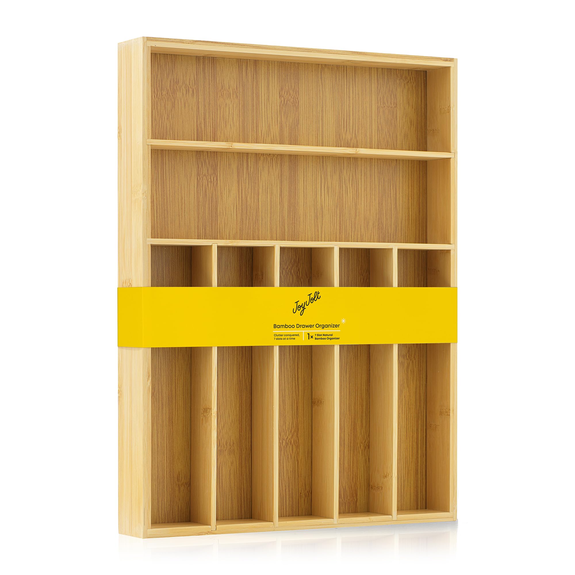 JoyJolt Bamboo 7-Compartment Silverware Organizer, Cutlery & Utensil Drawer Organizer, Ideal for Kitchen, Bathroom & Garage, Rustic Modern Style, Silver