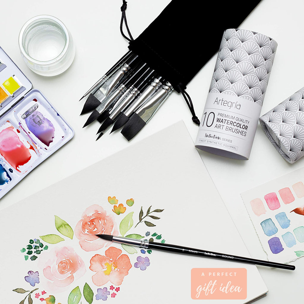 ARTEGRIA Watercolor Brush Set, 10 Soft Synthetic Squirrel Paint Brushes, Including Pointed Rounds, Flats, Dagger, Oval Wash