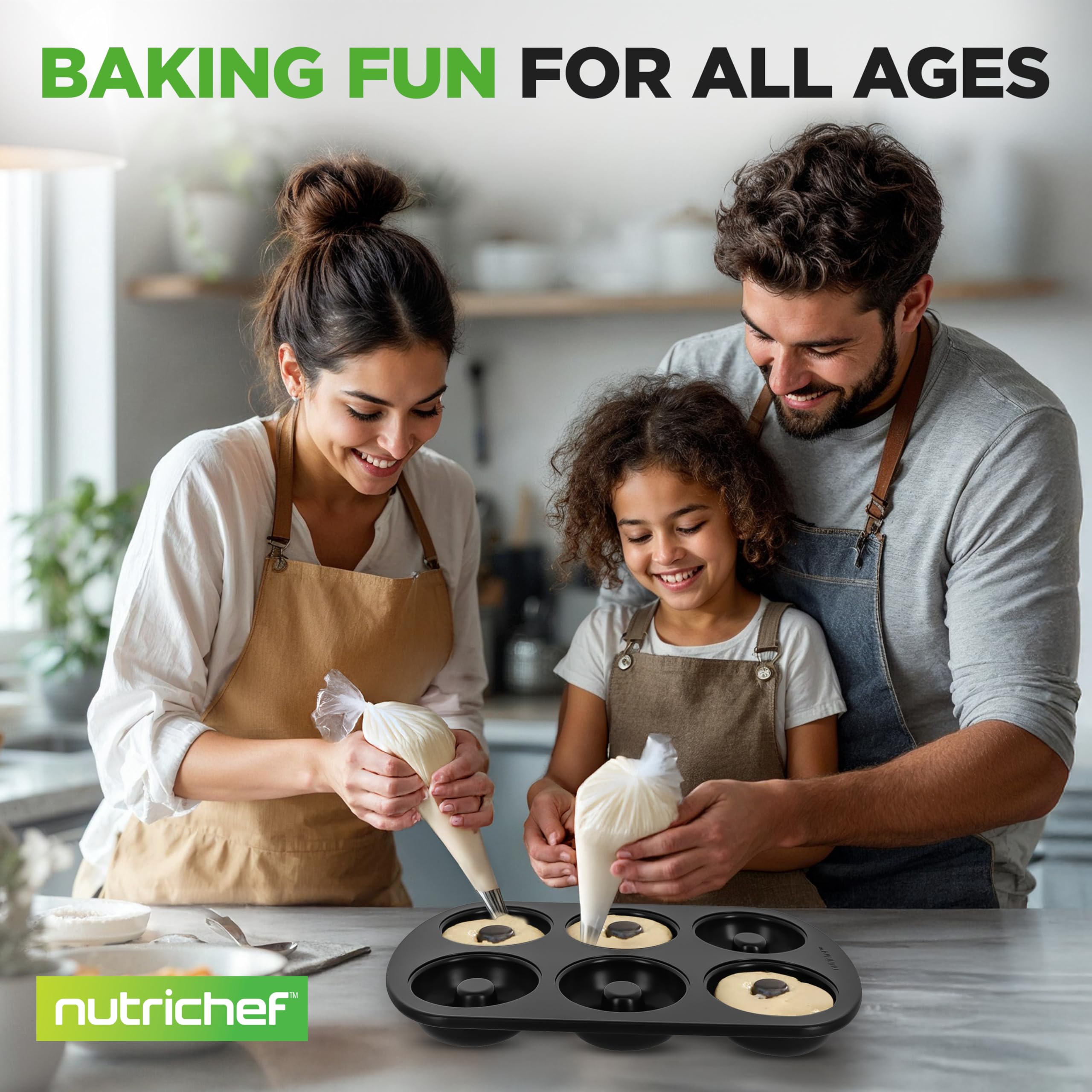 NutriChef Donut Pan - 2 Piece Set of 6 Cavity Nonstick Carbon Steel Donut Molds, Easy Release & Clean, Great for Bagels, Desserts & Chocolate, Dishwasher and Oven Safe