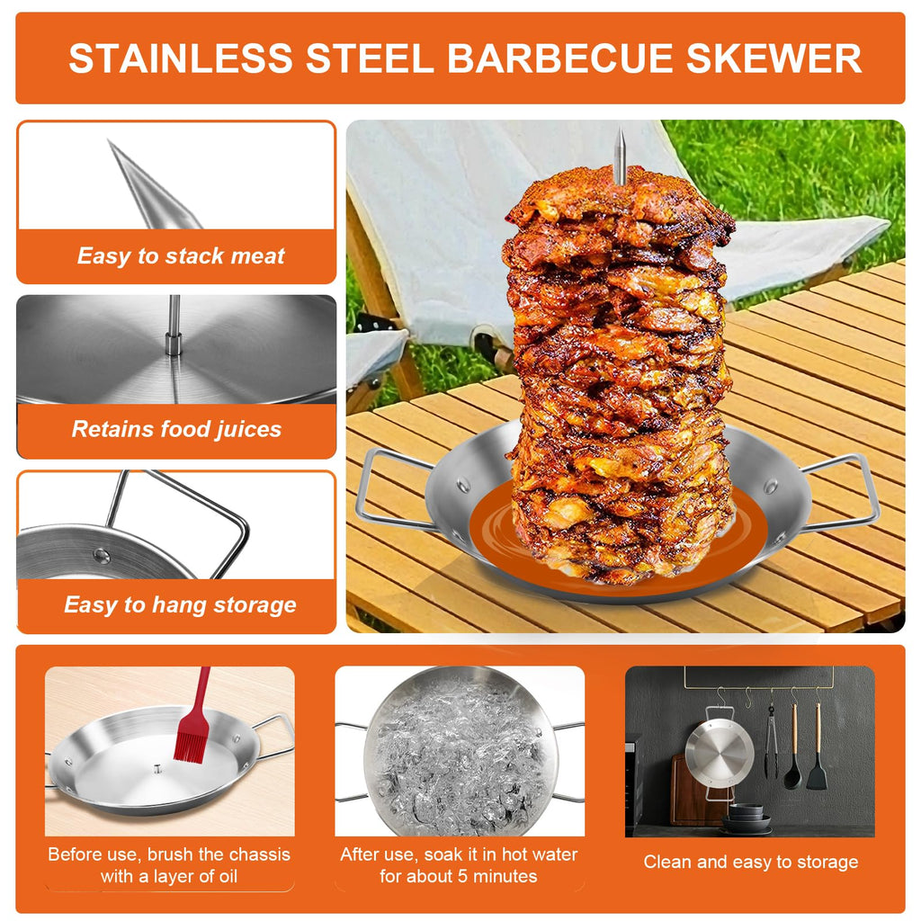Al Pastor Skewer for Grill, Stainless Steel Vertical Skewer, Brazilian Vertical Spit Stand with 3 Removable Spikes(8”/10"/12”)& Brushes, for Tacos Al Pastor, Shawarma Kebabs Smoker Oven BBQ Dishes