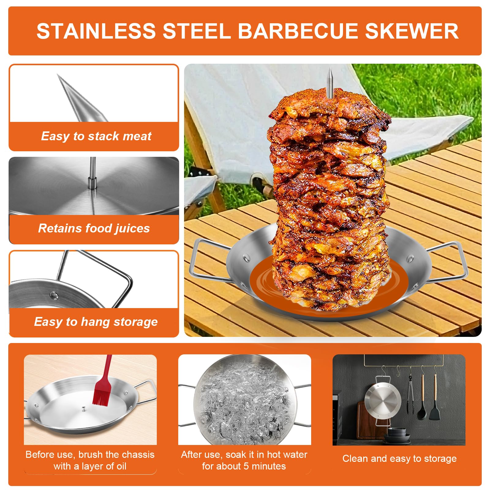 Al Pastor Skewer for Grill, Stainless Steel Vertical Skewer, Brazilian Vertical Spit Stand with 3 Removable Spikes(8”/10"/12”)& Brushes, for Tacos Al Pastor, Shawarma Kebabs Smoker Oven BBQ Dishes