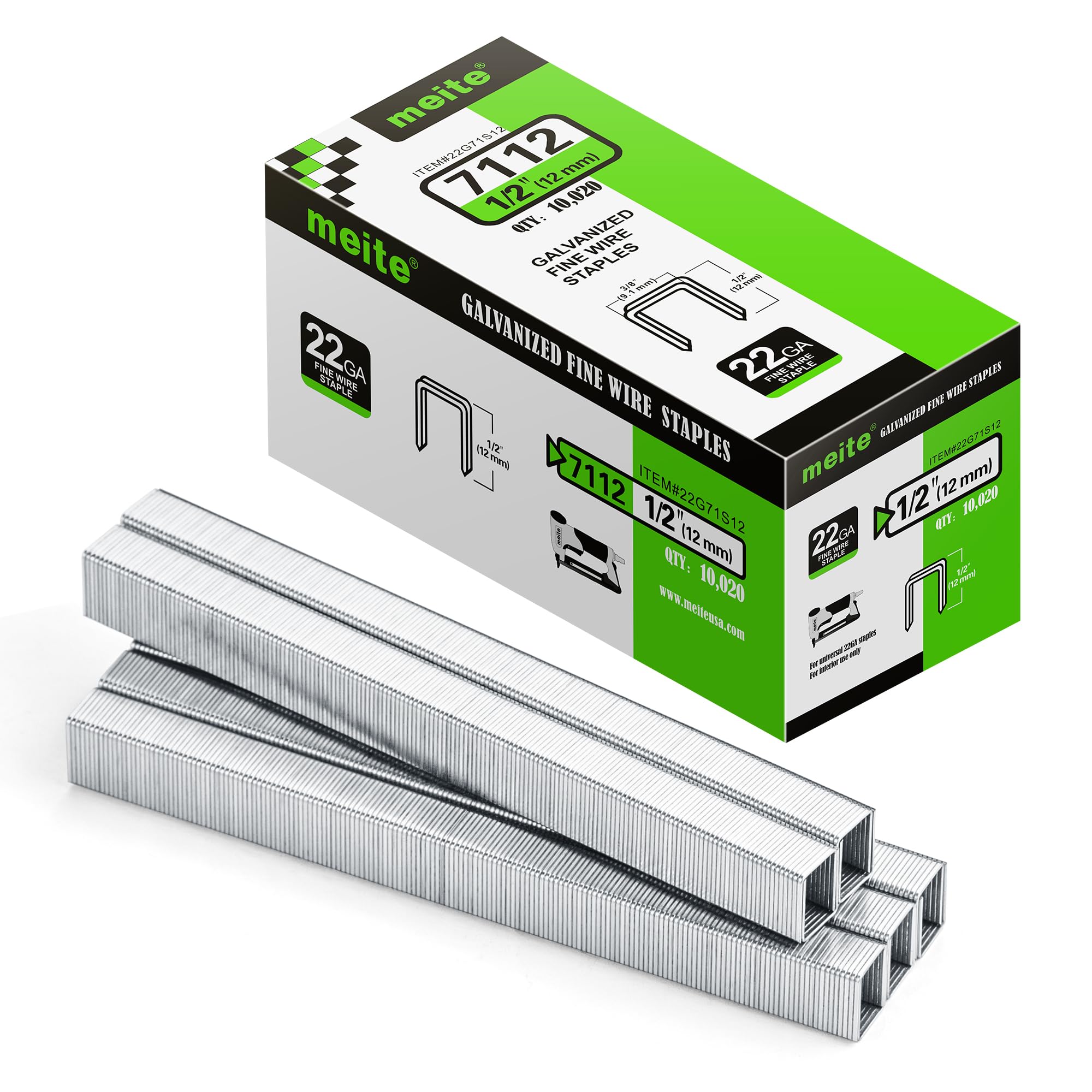 meite 22G71S12 22 Gauge 71 Series 3/8" Crown Wide 1/2" Leg Length Galvanized Staples for Upholstery Stapler 10,020 PCS/Box (1 Box)