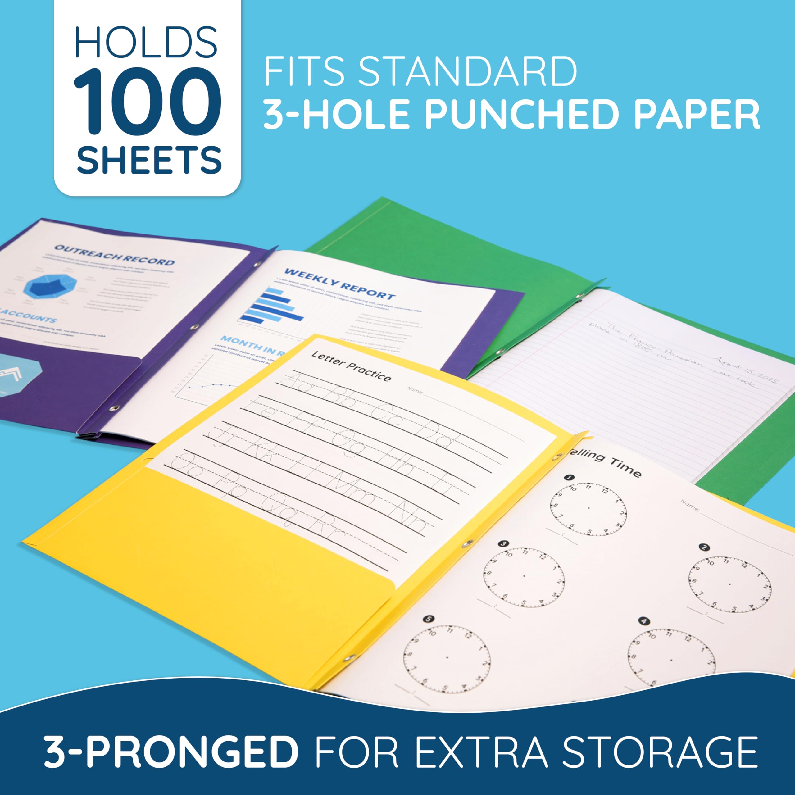 Blue Summit Supplies 50 Two Pocket Folders with Prongs, Designed for Office and Classroom Use, Assorted 5 Colors, 50 Pack Colored 2 Pocket 3 Prong Folders