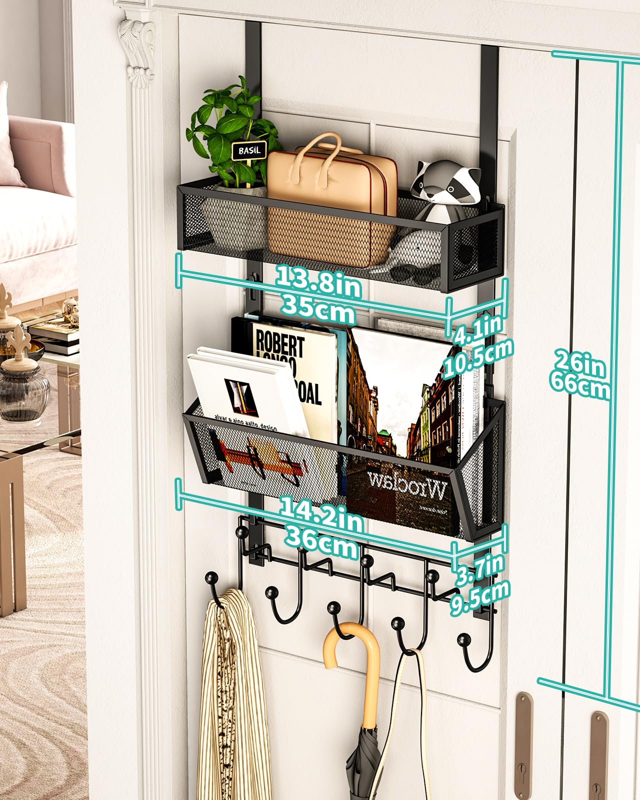 HapiRm Over The Door Hooks Organizer - High Capacity Over Door Hanger, 9 Hooks + 2 Mesh Baskets Storage for Hanging Clothes Towels Bag, in Kitchen Bedroom, No Drilling Metal Hanging Organizer, Black
