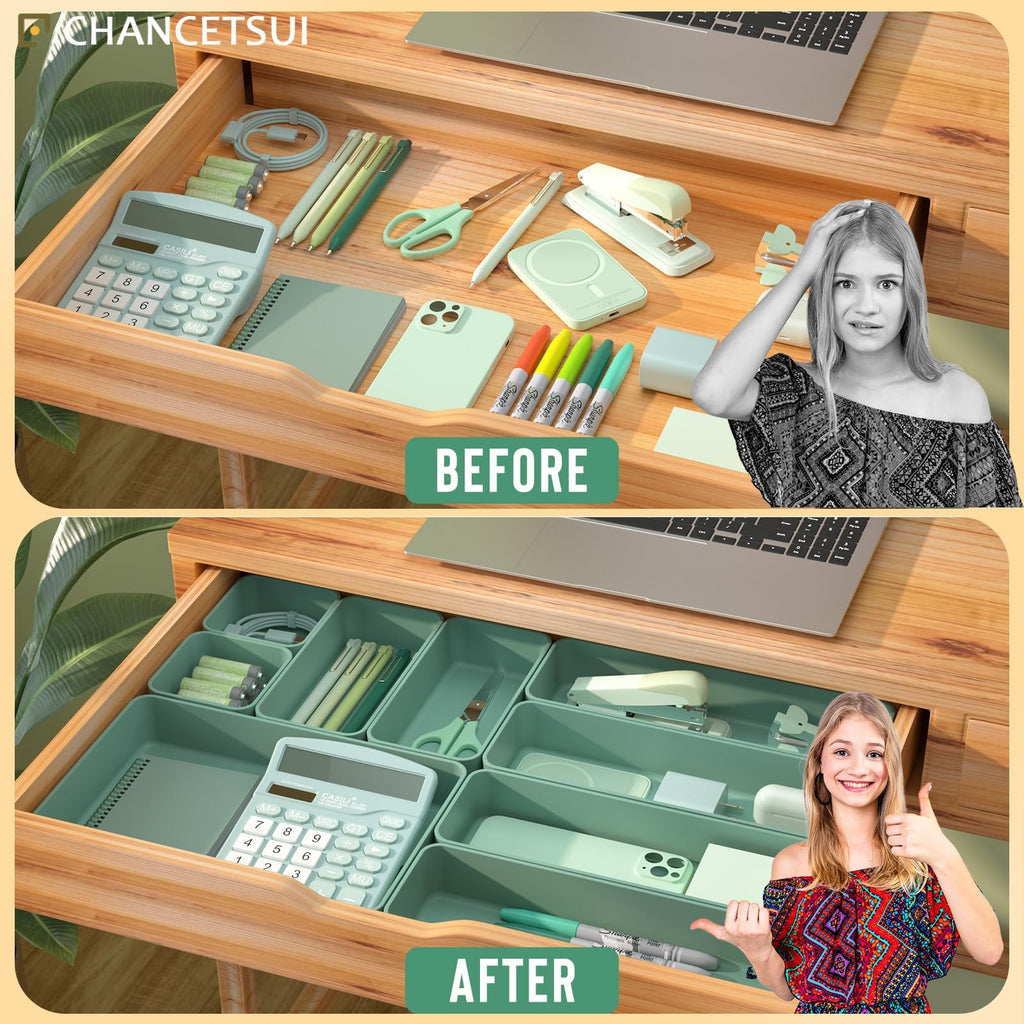 9 Pcs Organizer Trays Set, Multifunctional Stackable Storage Trays for Bedroom, Bathroom, Kitchen Drawer Organizer. Plastic Drawer Storage Boxes Available In 5 Colours, White, Black, Military Blue, Dusty Rose And Forest Green