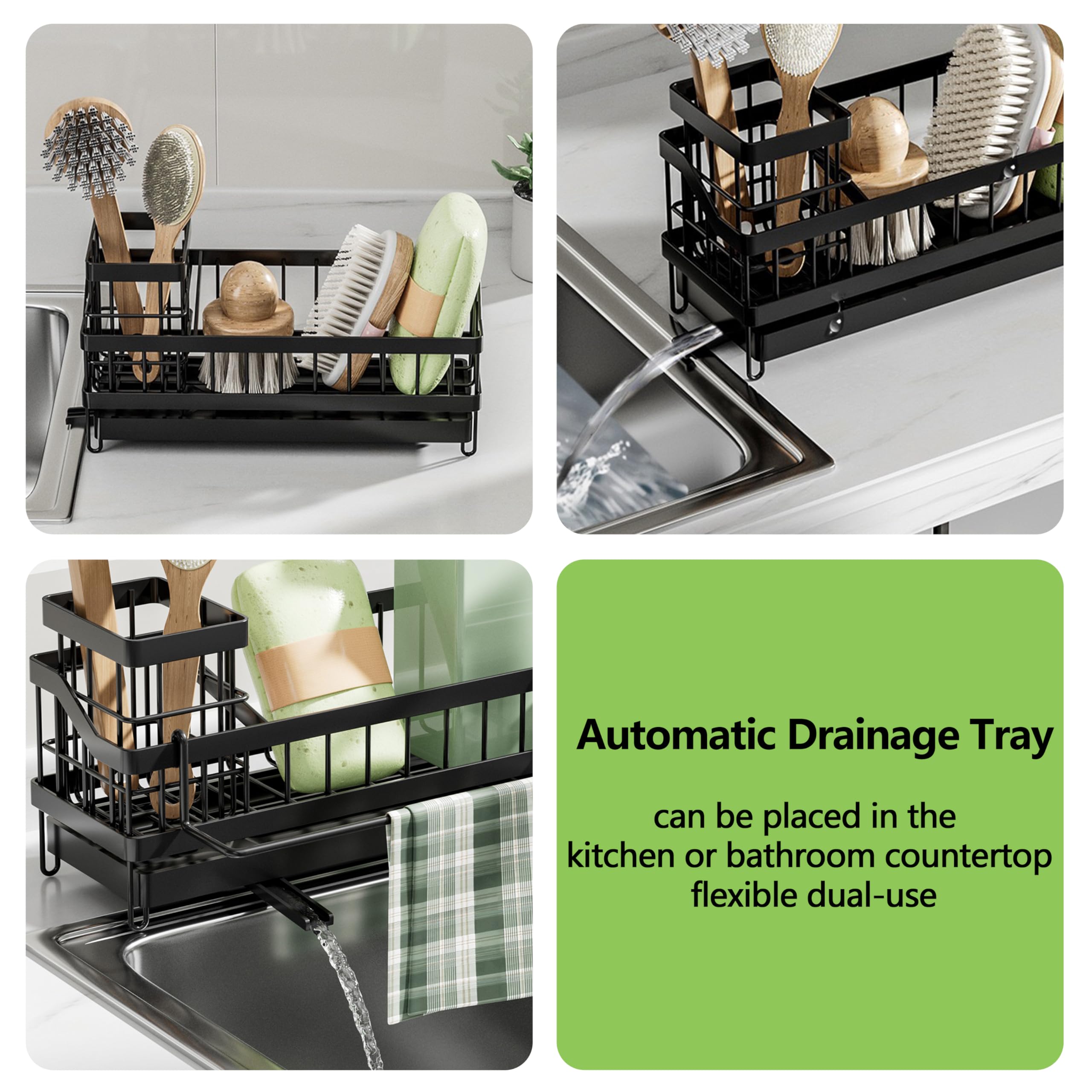Kitchen Sink Caddy Organizer-Sponge Holder for Kitchen Sink with Brush Holder,Kitchen Organizer Countertop Rustproof, Multi-functional Soap Dispenser,Bath Organizers and Storage Accessories