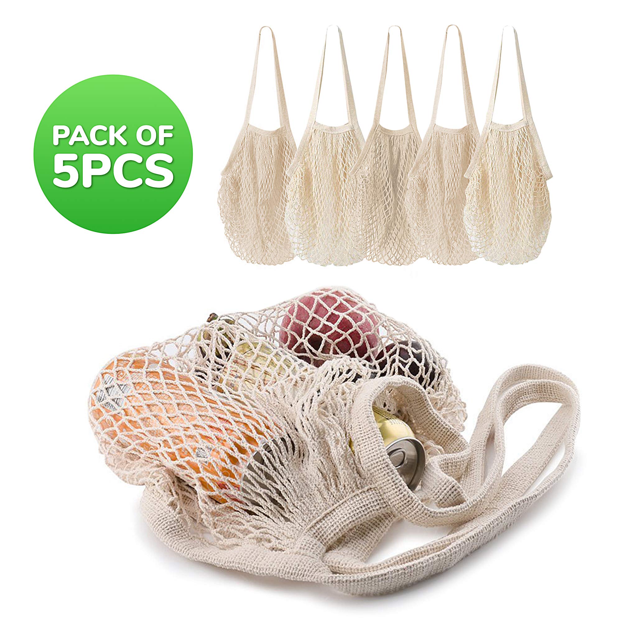 MERCURHOUSE 5 pack Cotton String Shopping Bags Reusable Washable Grocery Mesh Bags Organizer for Grocery Shopping Produce Net Bags with Longhandle for Fruit Vegetable Storage
