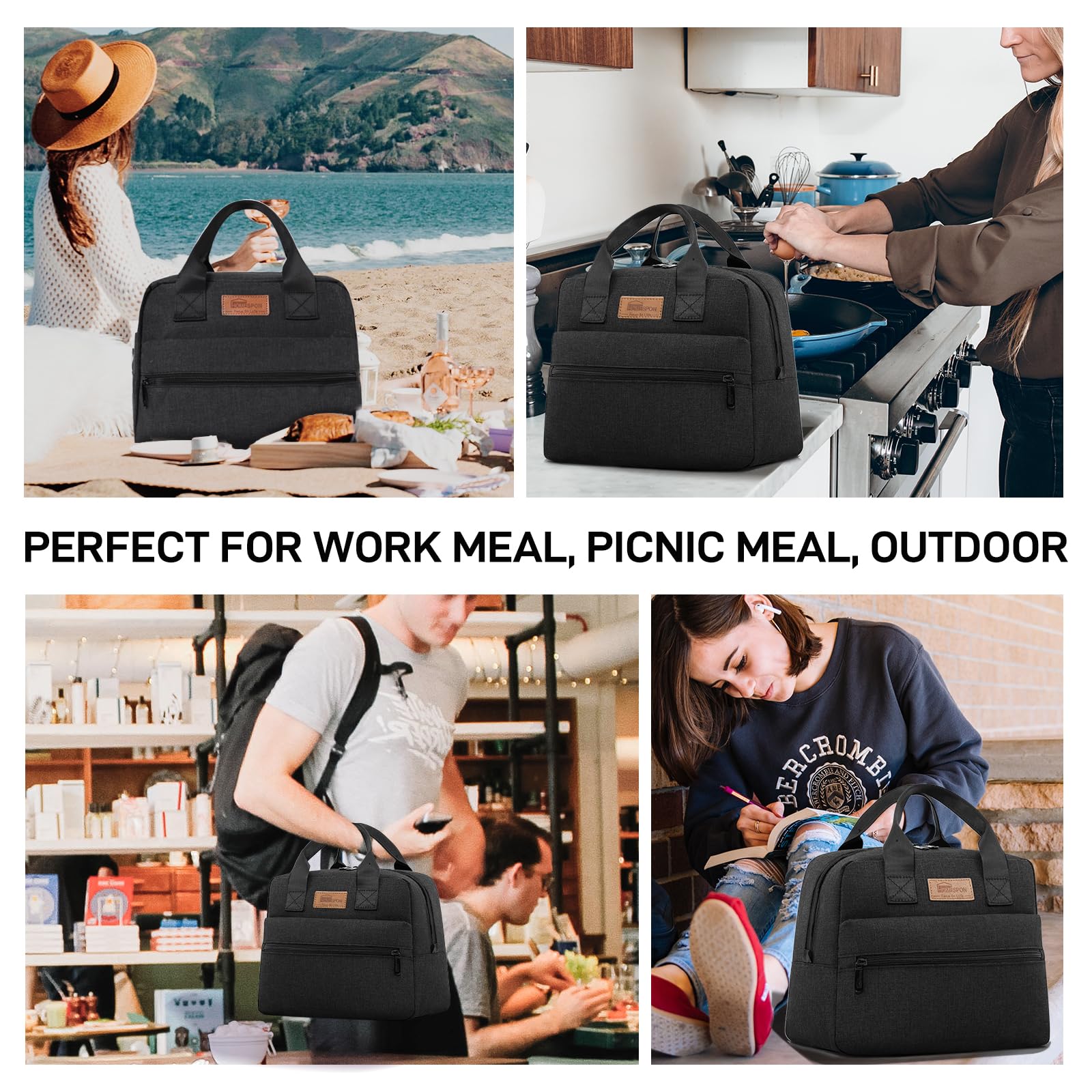 HOMESPON Insulated Lunch Bag Lunch Box Cooler Tote Box Cooler Bag Lunch Container for Women/Men/Work/Picnic,Large Black