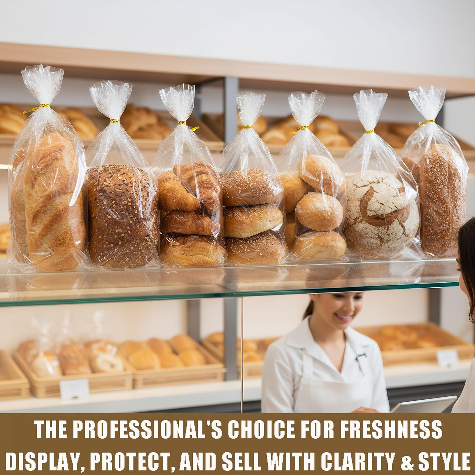 Nicunom 300 Pack Bread Bags with Ties, 18x4x8 Inches Reusable Plastic Bread Bags Clear Bread Loaf Storage Bags for Homemade Bread Bakery, Bread Wrappers Packaging