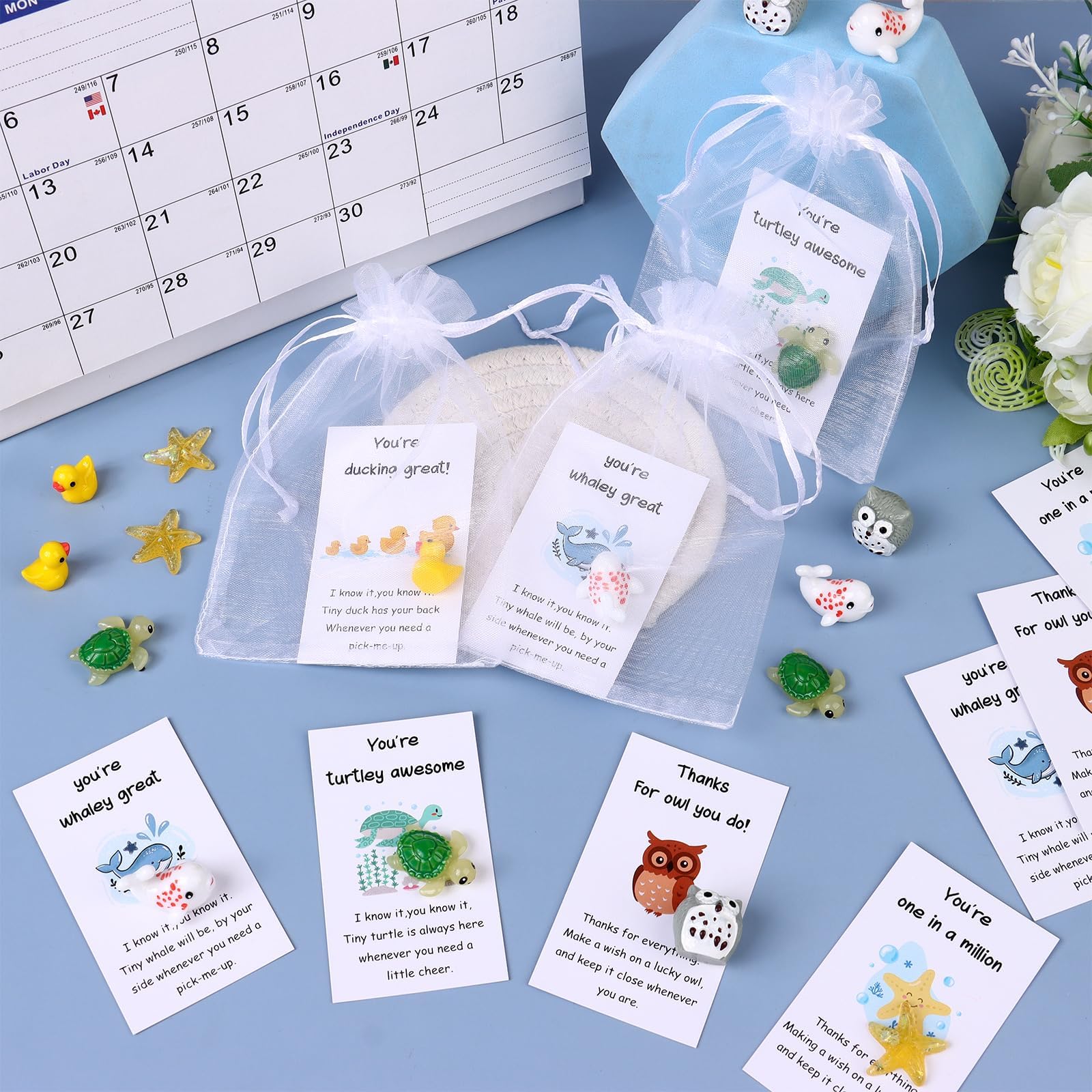 50 Set Mixed Animal Thank You Staff Gifts Employee Appreciation Gift Bulk for Coworkers Animal Pun Inspirational Note Cards Resin Ducks Stars Whales Turtles Owls Inspirational Gifts for Teacher Office