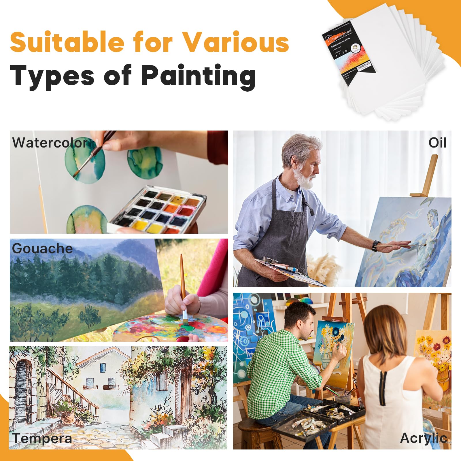 CONDA Canvas Boards for Painting, 8 x 10 inch, 12 Pack, 100% Cotton Canvas Panels, White Blank Canvases, Primed, Acid-Free, Artist Quality for Acrylic, Pouring Watercolor & Oil Painting