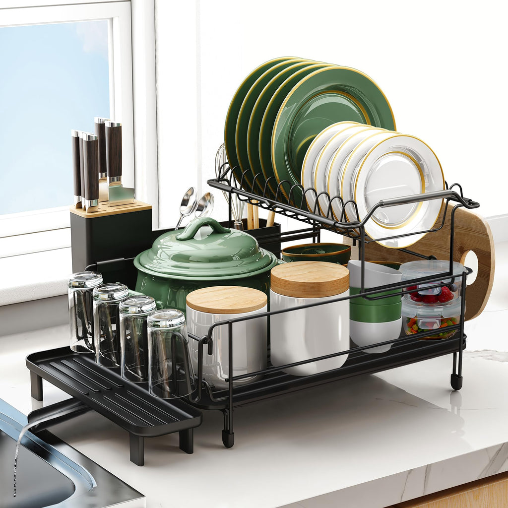 Runnatal Large Dish Drying Rack with Drainboard Set, Extendable Dish Rack, Utensil Holder, Cup Holder, Large-Capacity 2-Tier Dish Drying Rack, Expandable Dish Drainer for Kitchen Counter