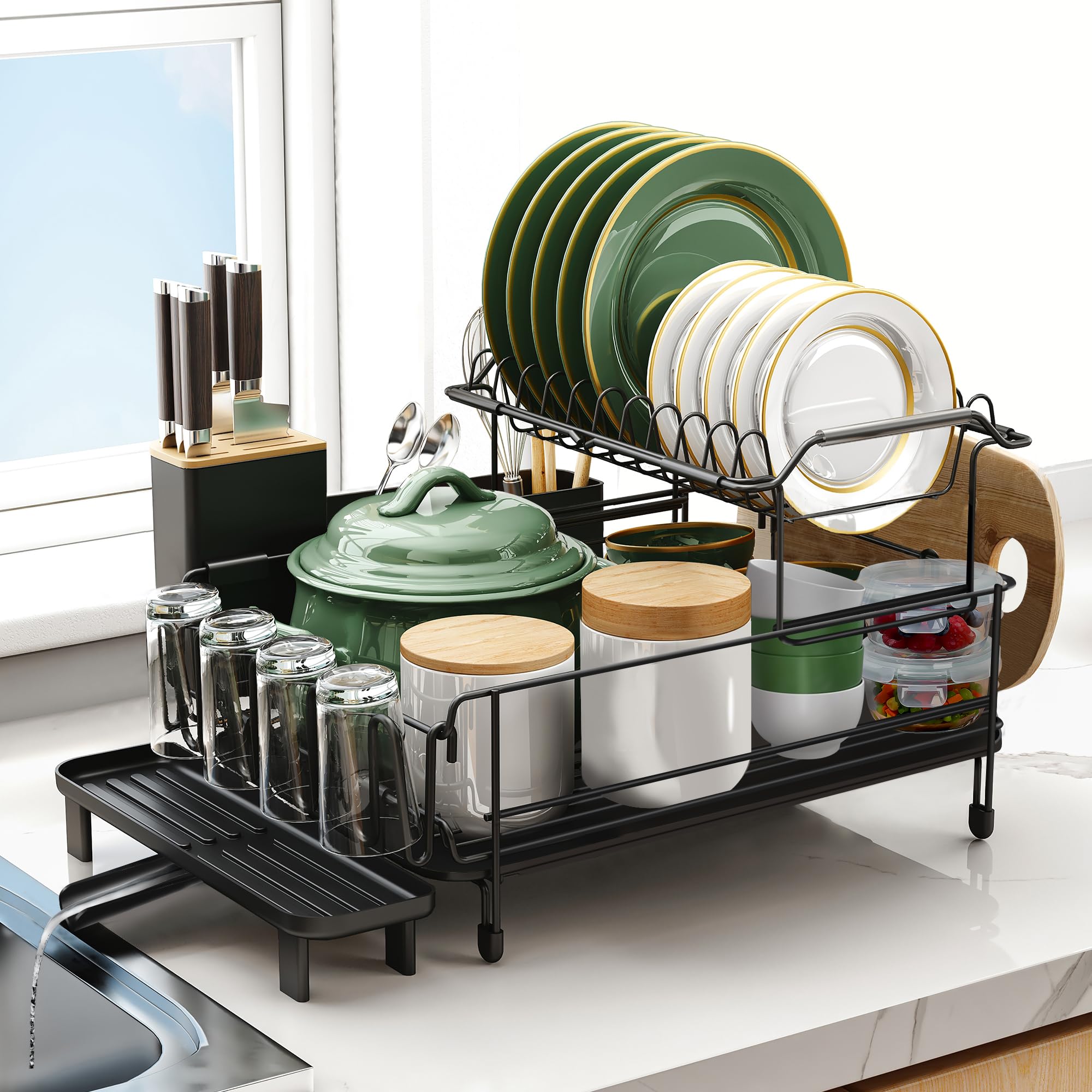 Runnatal Large Dish Drying Rack with Drainboard Set, Extendable Dish Rack, Utensil Holder, Cup Holder, Large-Capacity 2-Tier Dish Drying Rack, Expandable Dish Drainer for Kitchen Counter