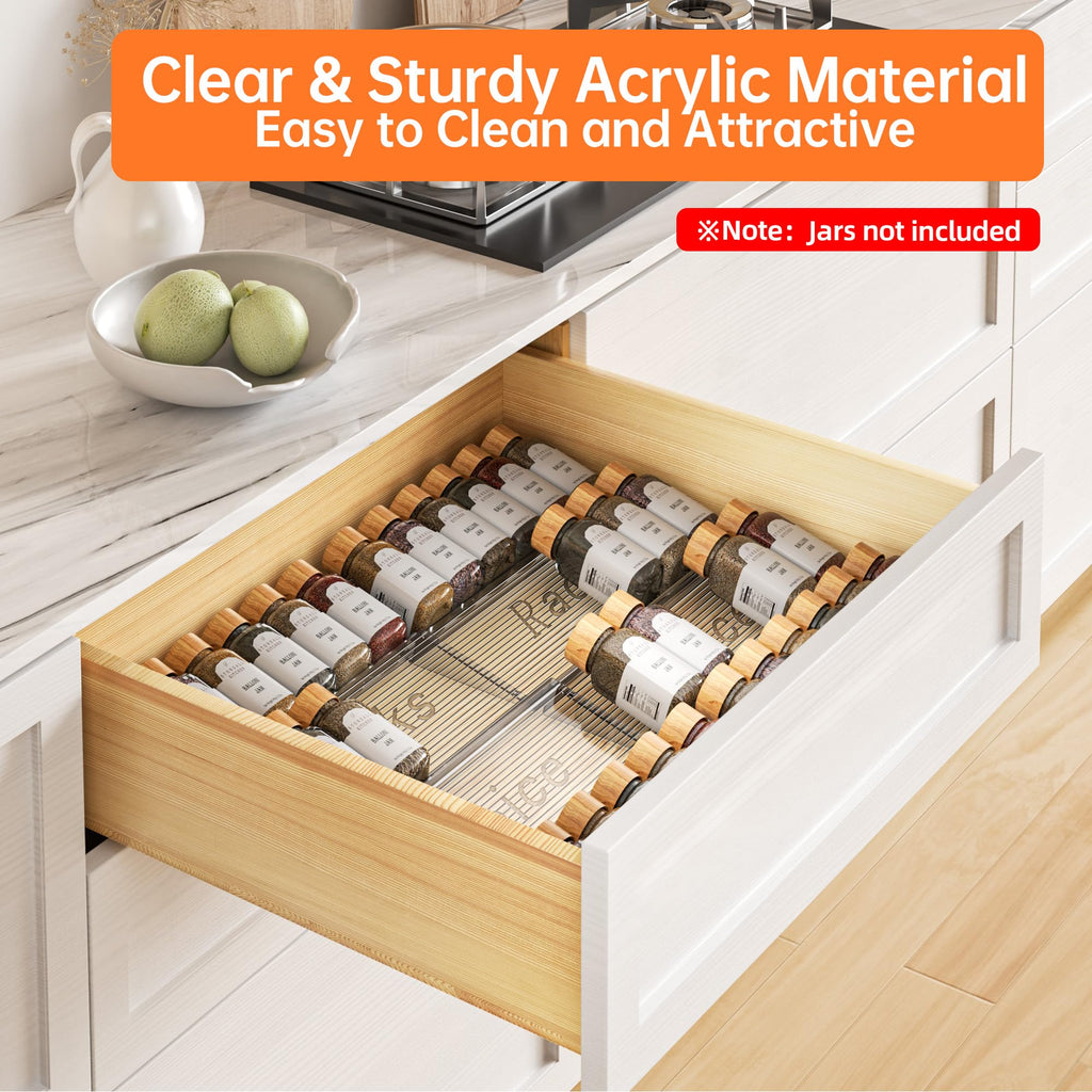 PanPanPal Spice Drawer Organizer, 4 Tier- 4 Pack Clear Acrylic Drawer Seasoning Organizer, Expandable From 11'' to 22'' Kitchen Spice Rack Organizers and Storage for Drawer (Jars not included)