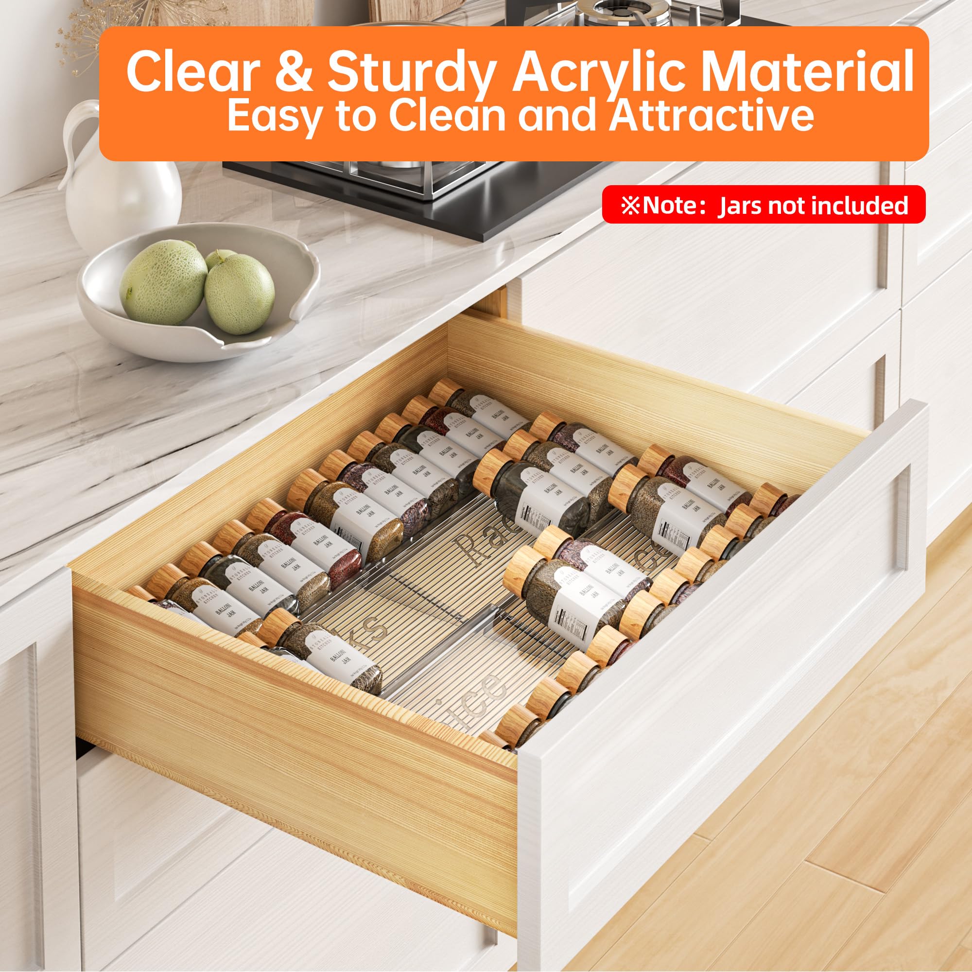 PanPanPal Spice Drawer Organizer, 4 Tier- 4 Pack Clear Acrylic Drawer Seasoning Organizer, Expandable From 11'' to 22'' Kitchen Spice Rack Organizers and Storage for Drawer (Jars not included)