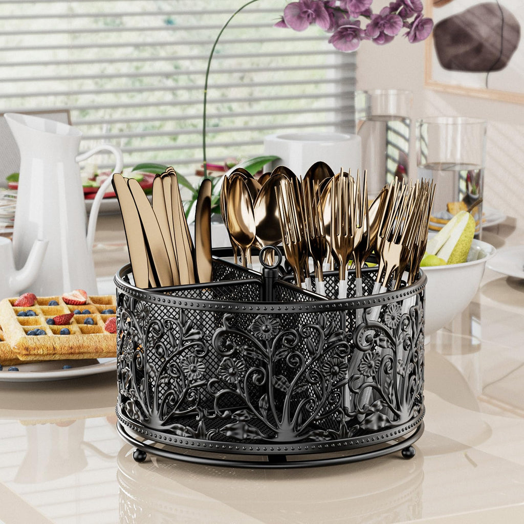YIUKEA 360° Rotating Utensil Caddy - Silverware Cutlery Caddy Holder with 4 Compartment, Metal Flatware Organizer Countertop with Handle for Party Camping Picnic, Kitchen Counter, Office (Black)
