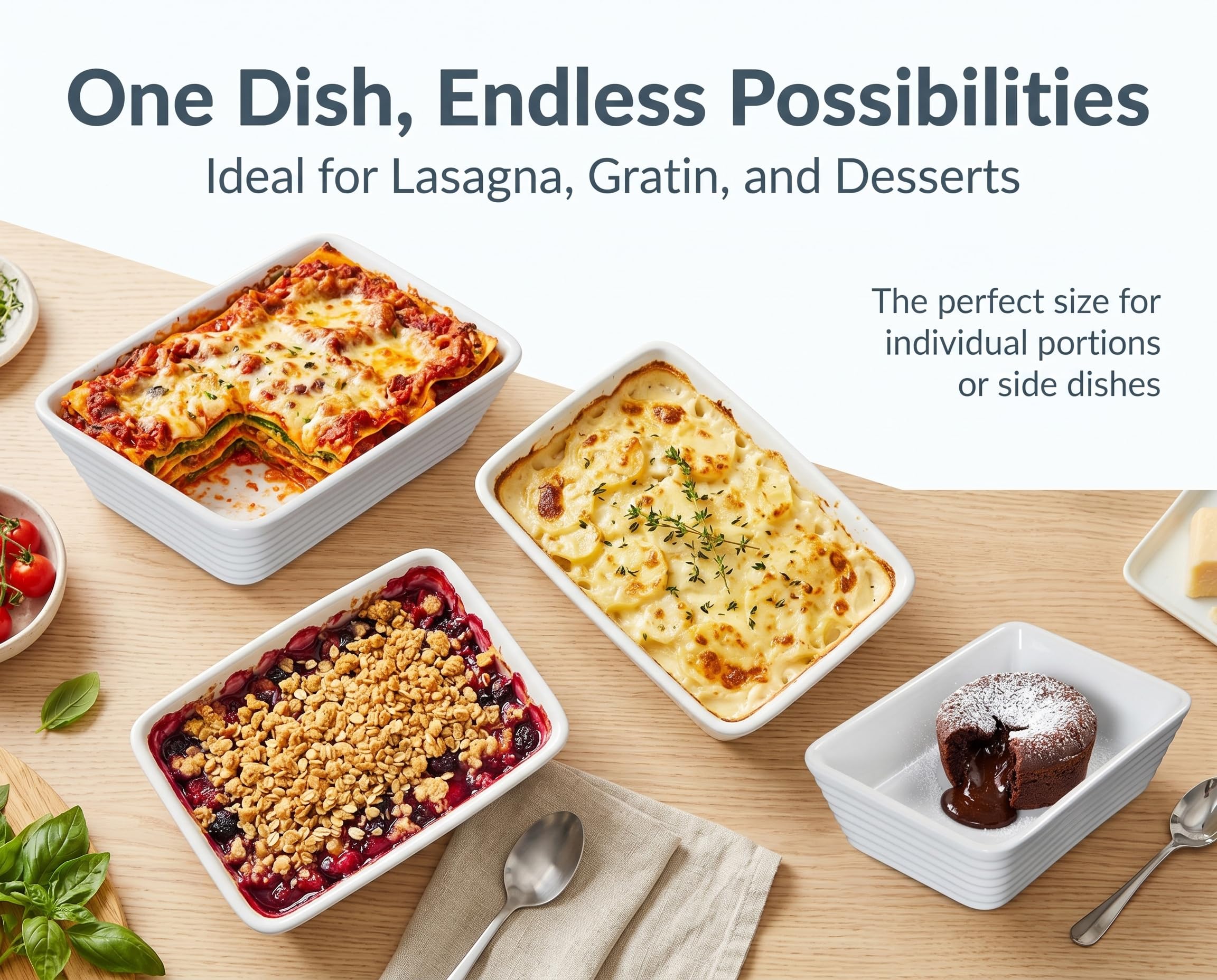 ONEMORE Small Baking Dish, Rectangle Ceramic Baking Dish for Oven, Individual Casserole Dishes for Toaster Oven, 5x7 Small Deep Lasagna Baking Dish, Oven Safe, 1-2 Person Baking Dishes Set of 4, White